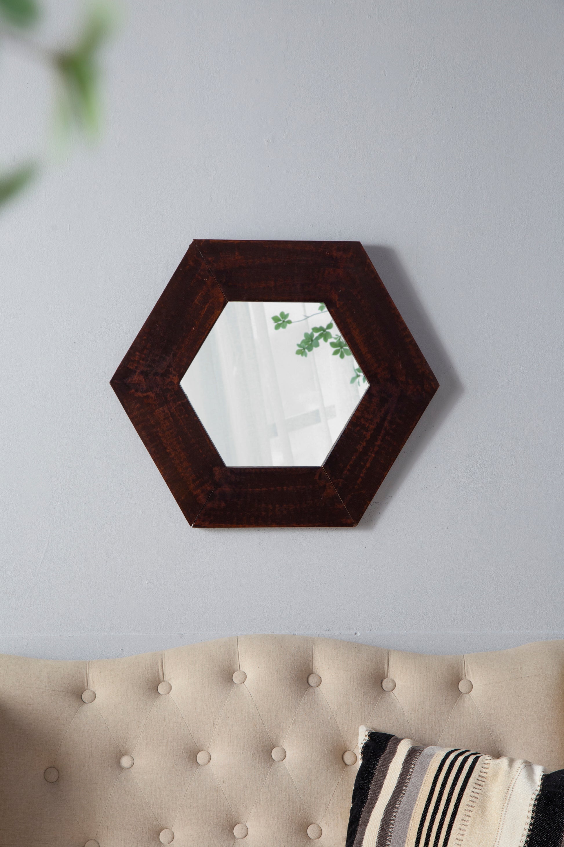 18.5" x 18.5" Hexagon Mirror with Solid Wood Frame brown-wood+glass