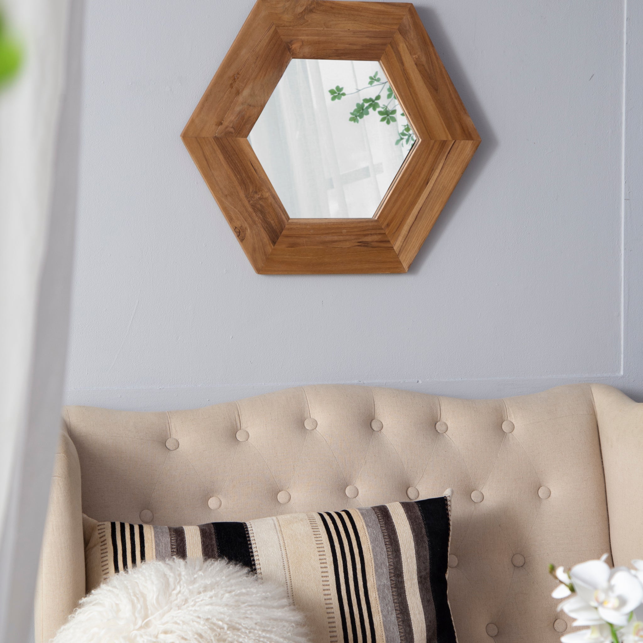 18.5" x 18.5" Hexagon Mirror with Natural Wood Frame natural-wood+glass