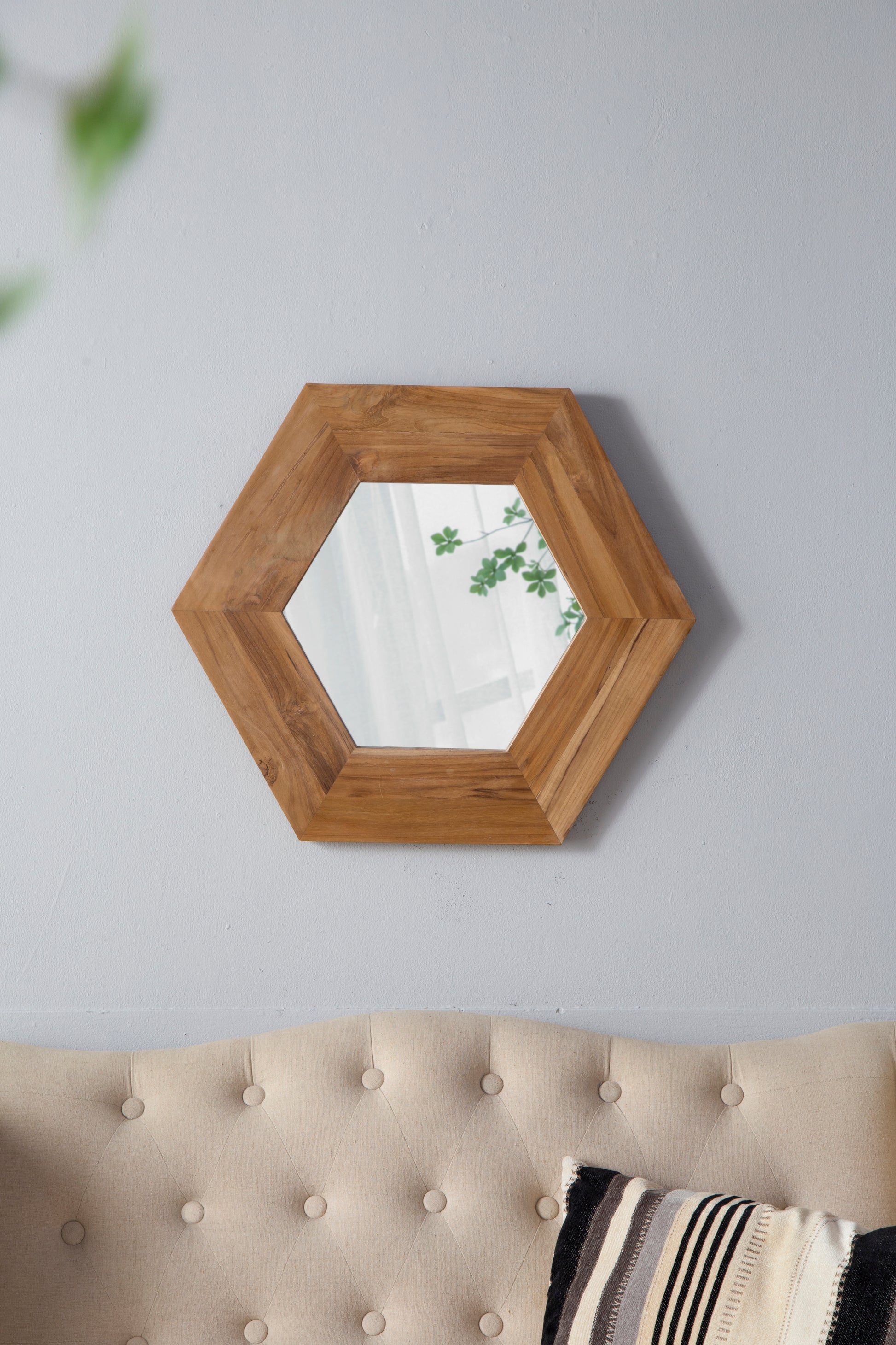 18.5" x 18.5" Hexagon Mirror with Natural Wood Frame natural-wood+glass