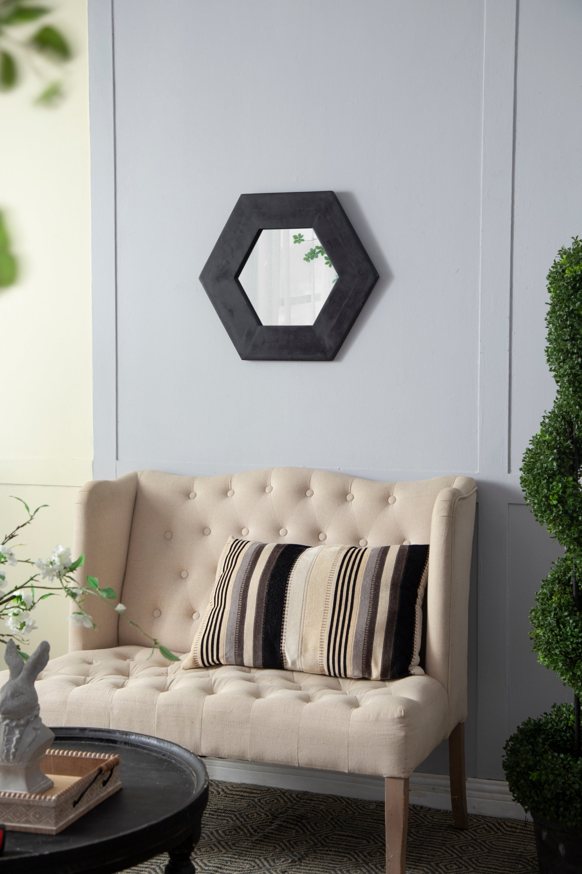 18.5" x 18.5" Hexagon Mirror with Solid Wood Frame black-wood+glass