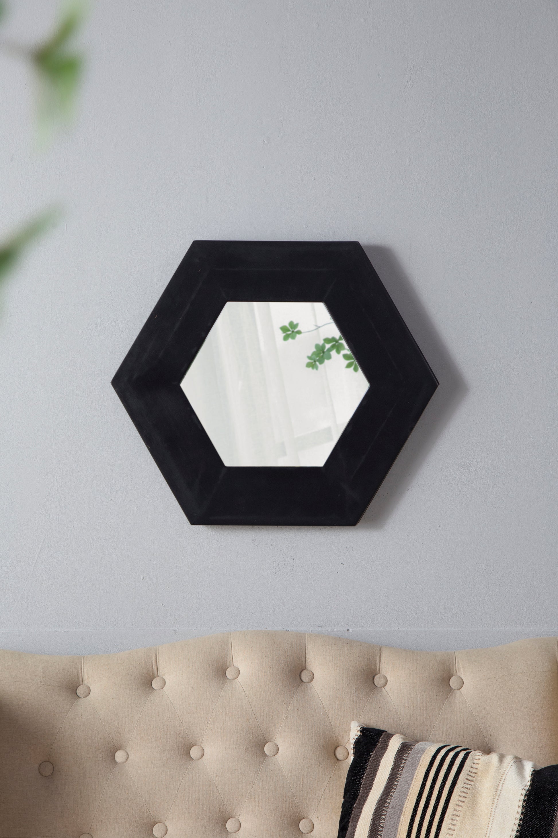 18.5" x 18.5" Hexagon Mirror with Solid Wood Frame black-wood+glass