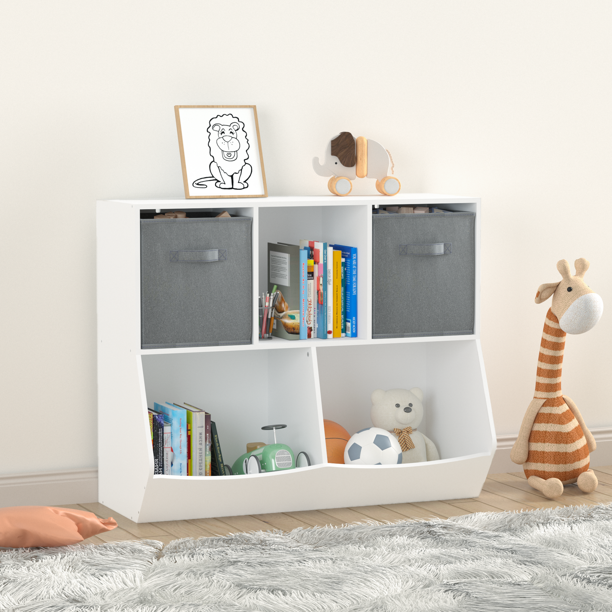 Kids Bookcase With Collapsible Fabric Drawers -