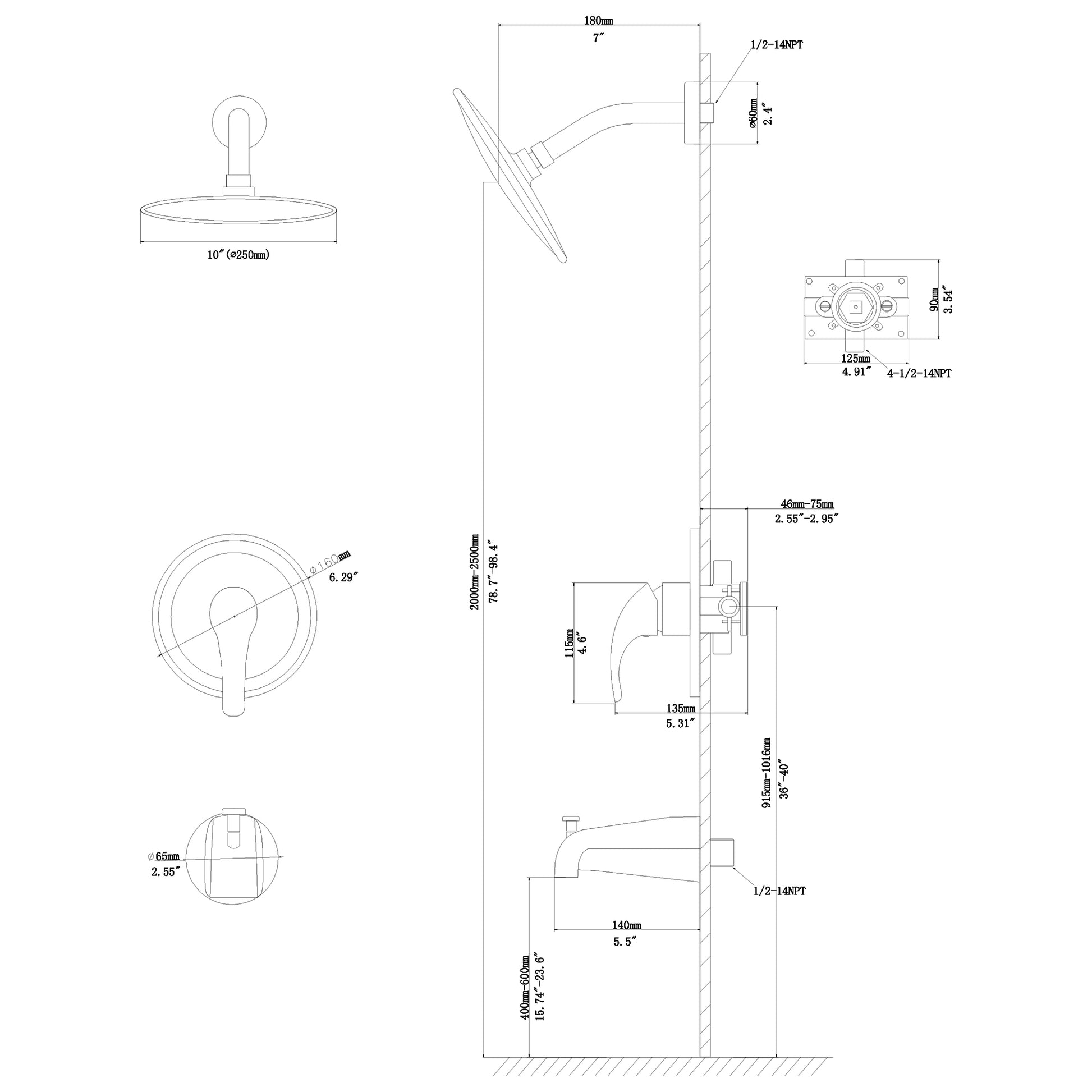 10" Round Rain Shower Head Systems with Waterfall Tub brushed nickel-stainless steel