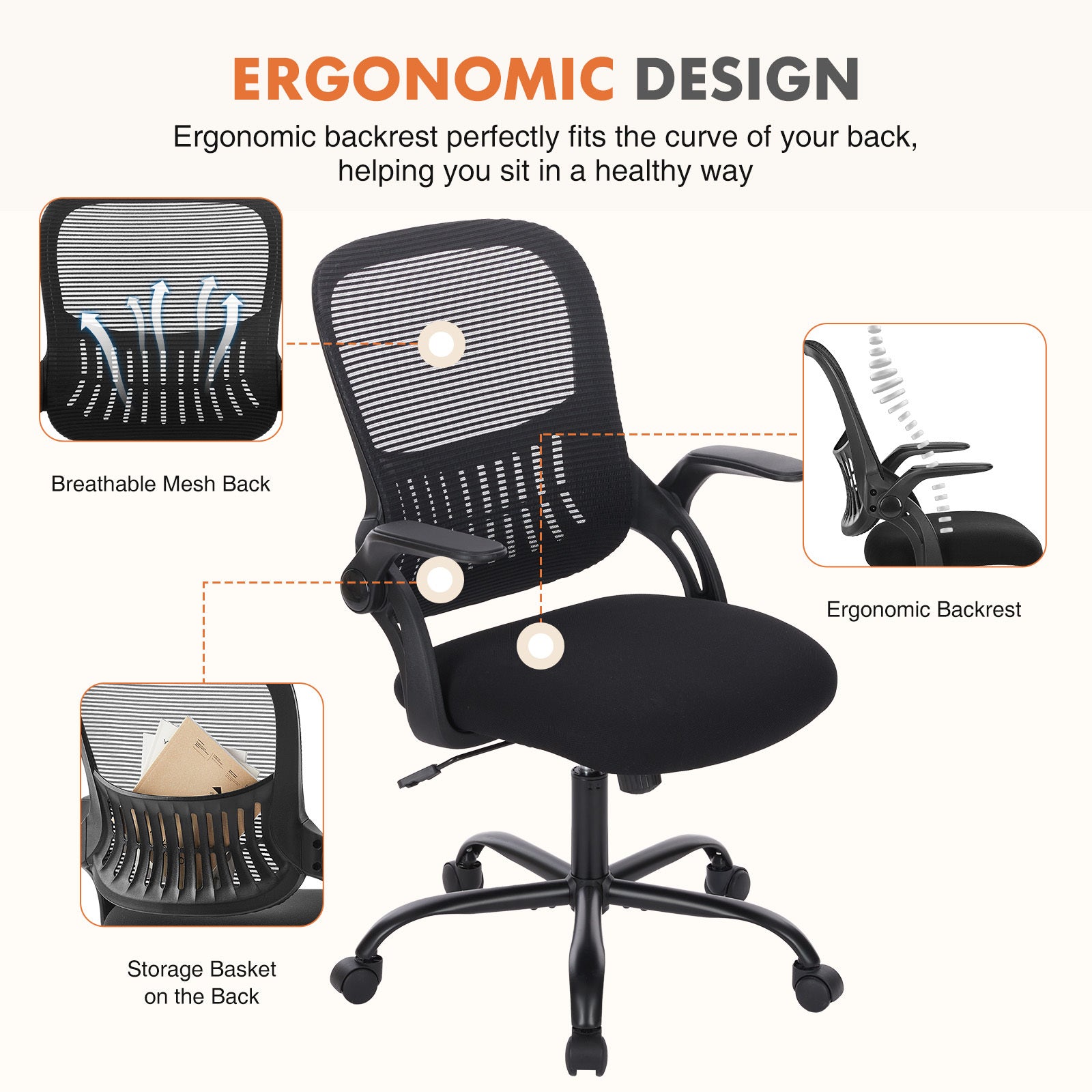 Sweetcrispy Office Mid Back Ergonomic Mesh Computer black-nylon mesh