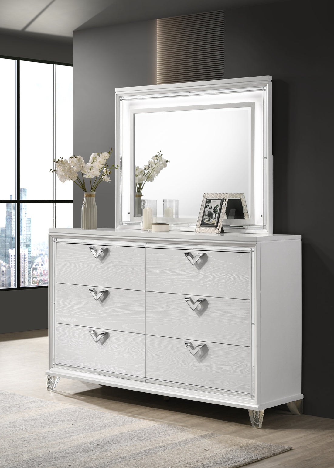 Prism Modern Style 6 Drawer Dresser with Mirror Accent silver-bedroom-modern-wood