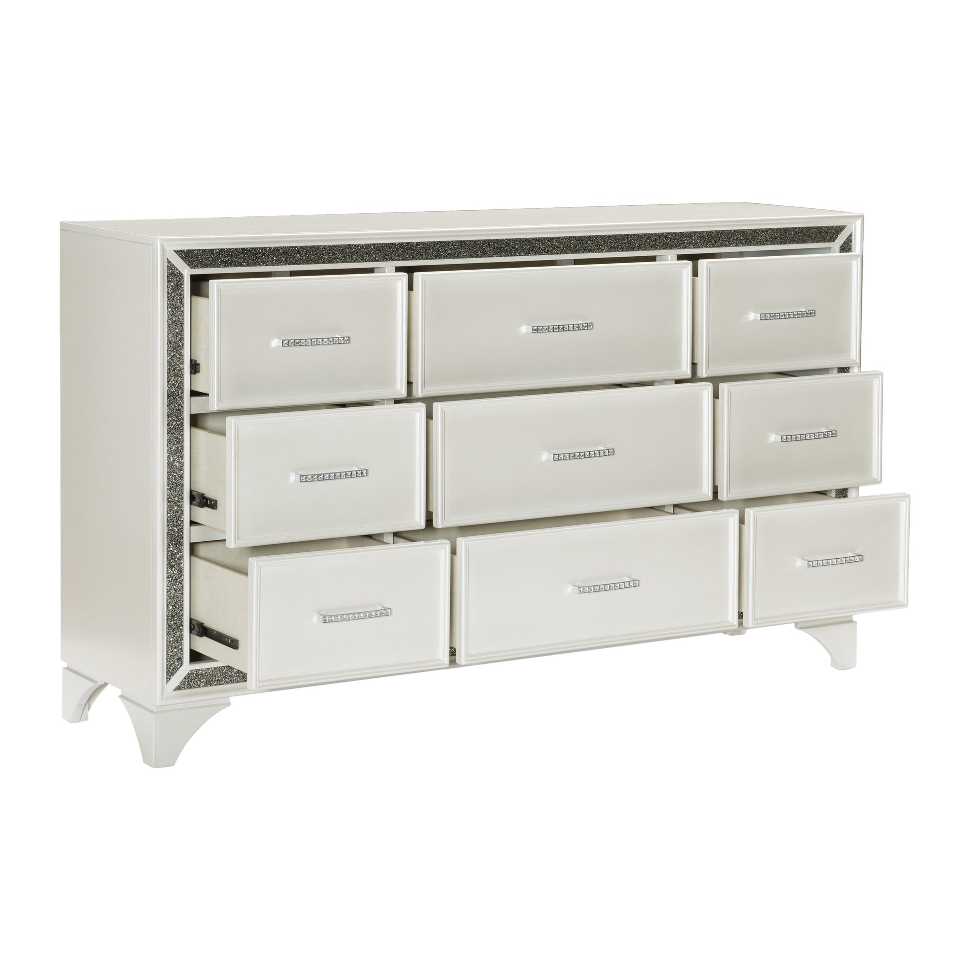 Pearl White Metallic Finish Dresser 1pc 9 Drawers white-bedroom-contemporary-glam-modern-wood