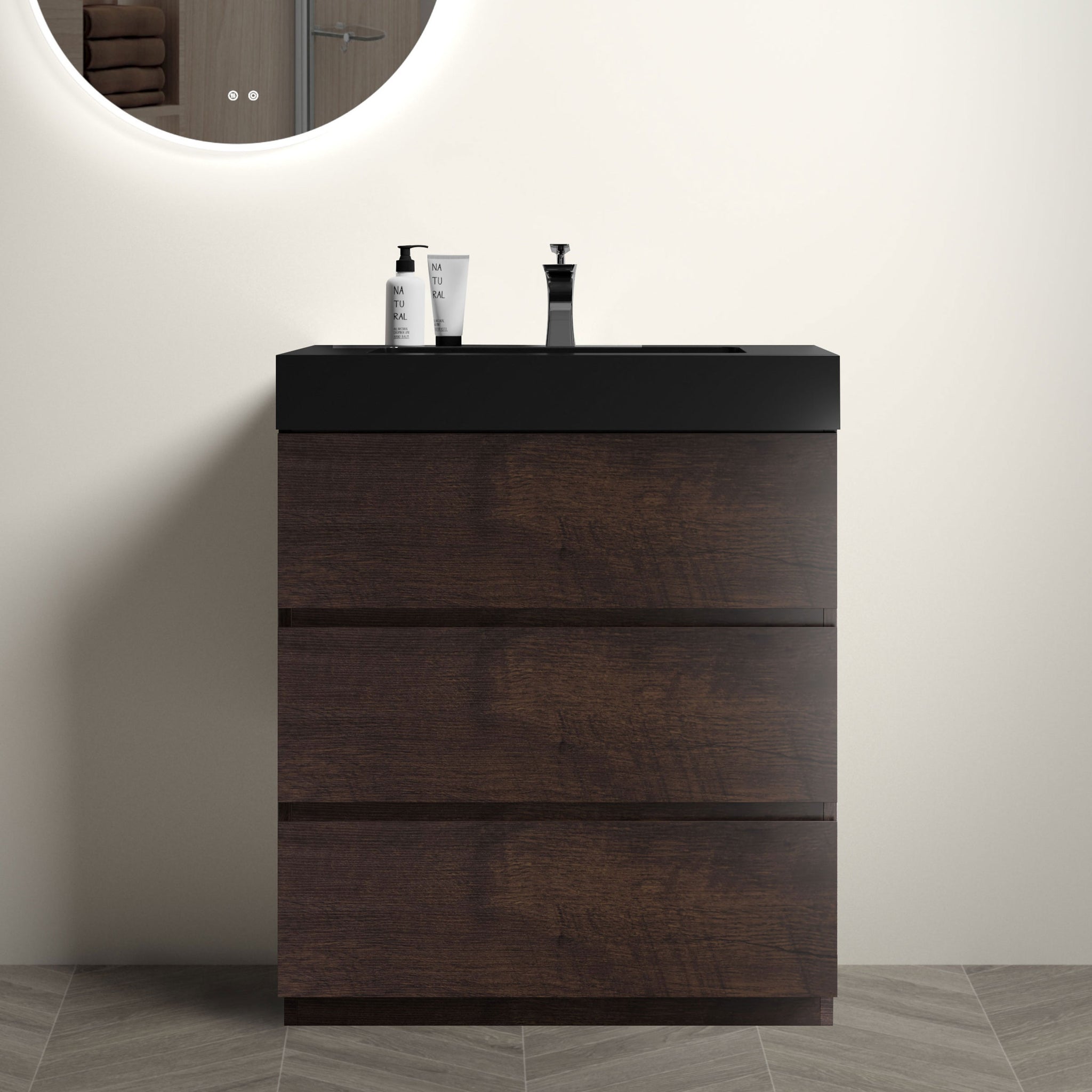 Alice 30" Walnut Bathroom Vanity with Sink, Large walnut+black-melamine