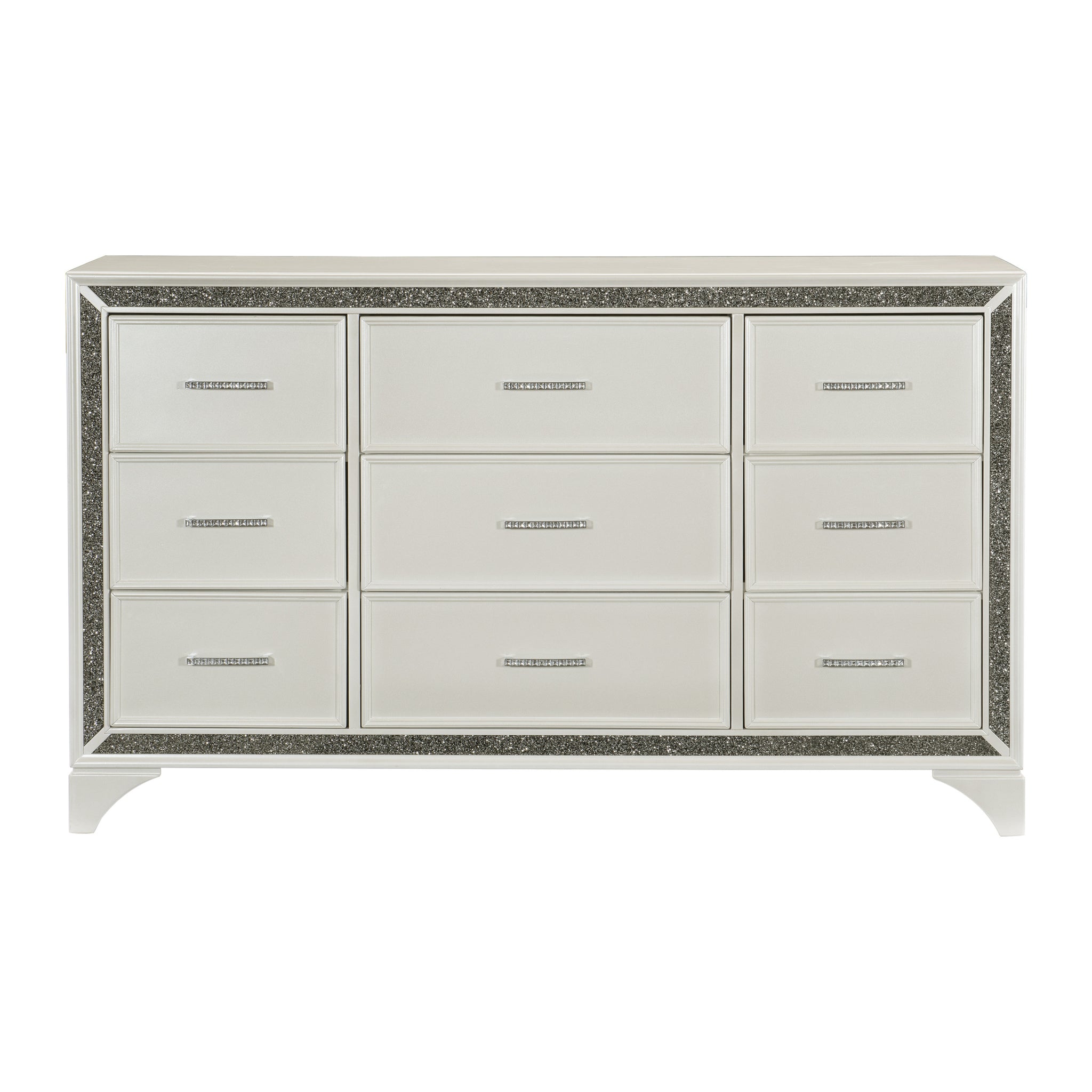 Pearl White Metallic Finish Dresser 1pc 9 Drawers white-bedroom-contemporary-glam-modern-wood