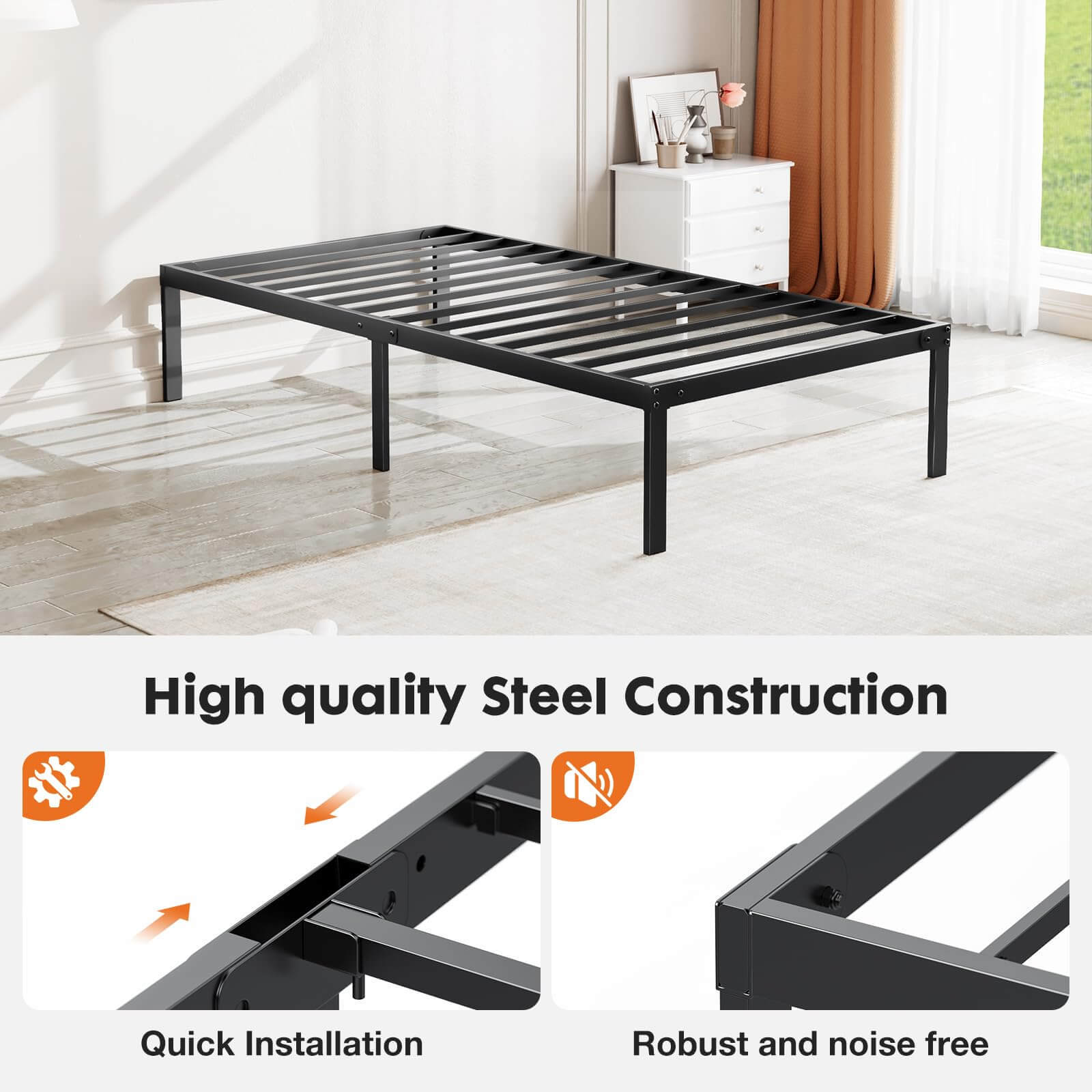 Heavy Duty Metal Bed Frame With Sturdy Steel Slat