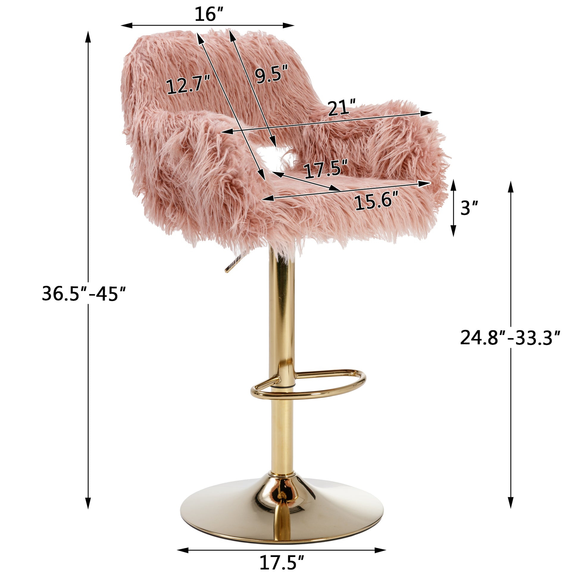 HengMing bar stool 2 piece set, hollowed out braces pink-faux fur