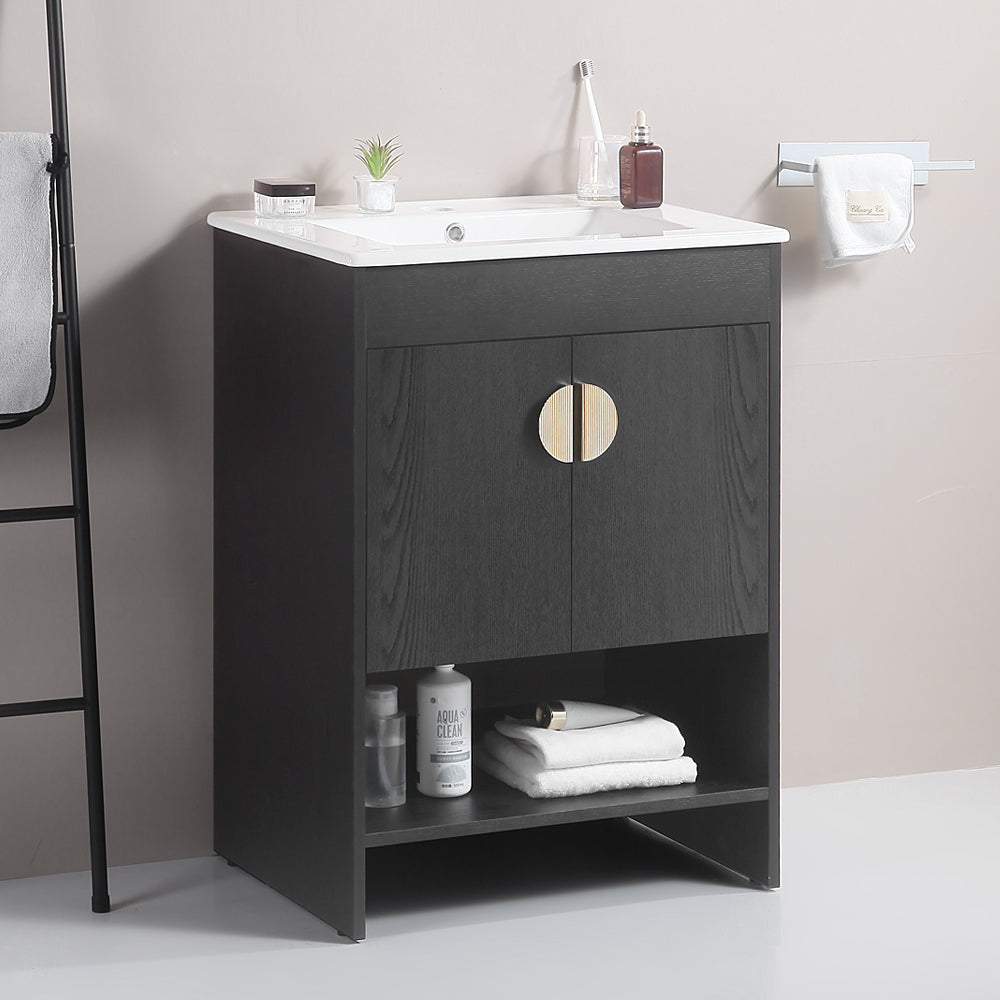 24" Bathroom Vanity,with White Ceramic Basin,Two black-solid wood