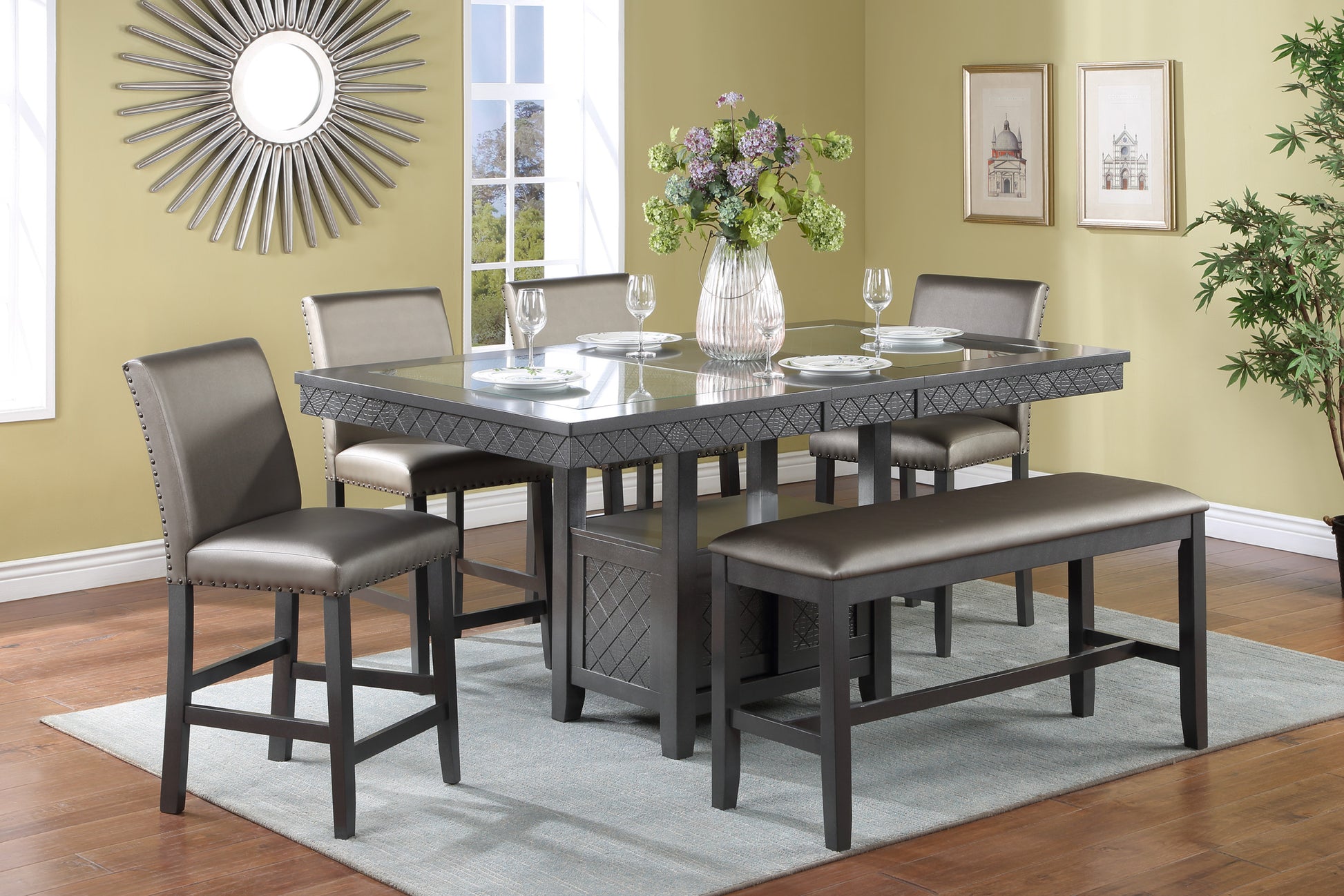 1pc Transitional Counter Height Dining 12" Leaf Table gunmetal-brown-dining