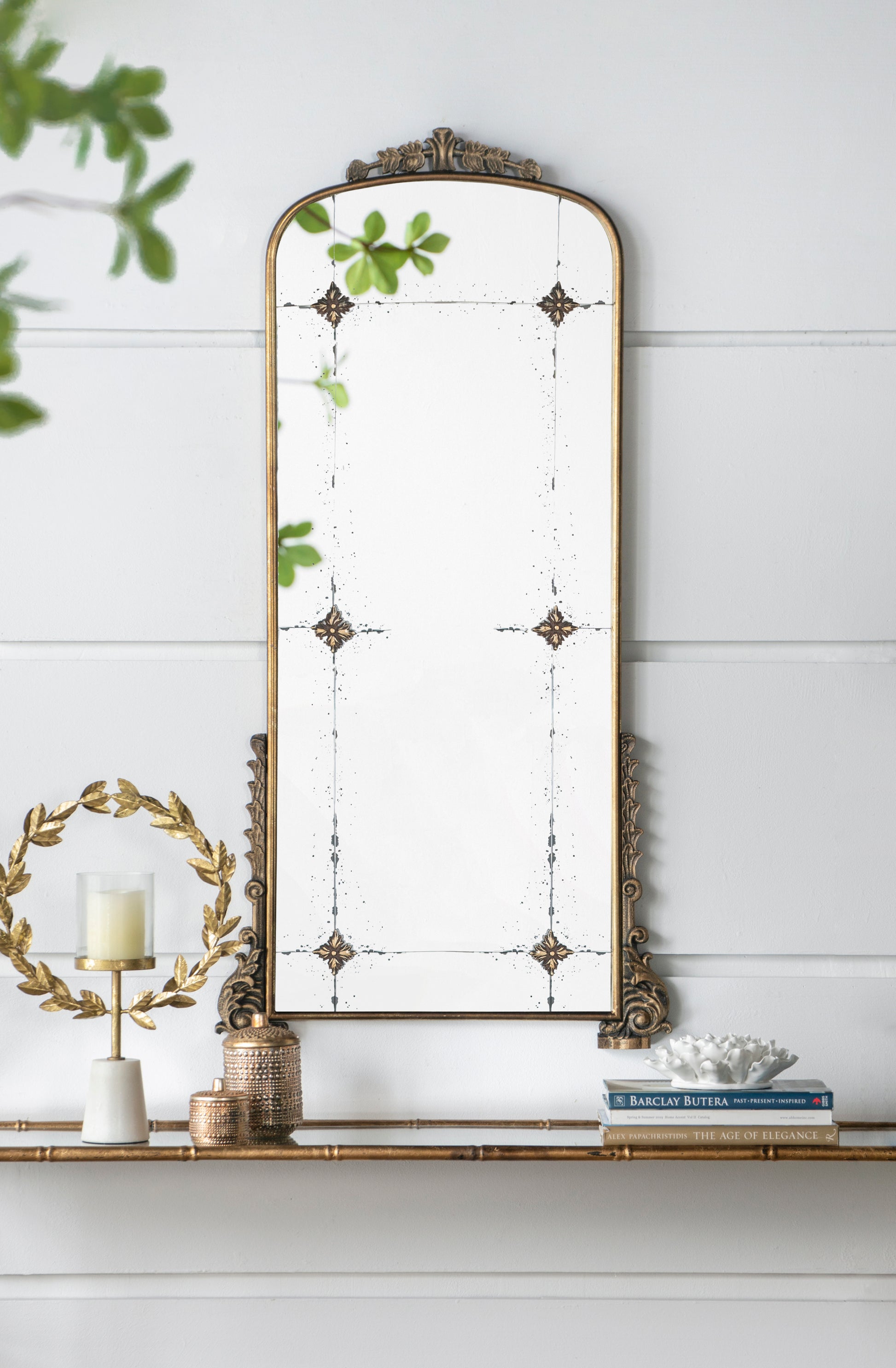 24" X 48.5" Antique Gold Arched Mirror With Metal