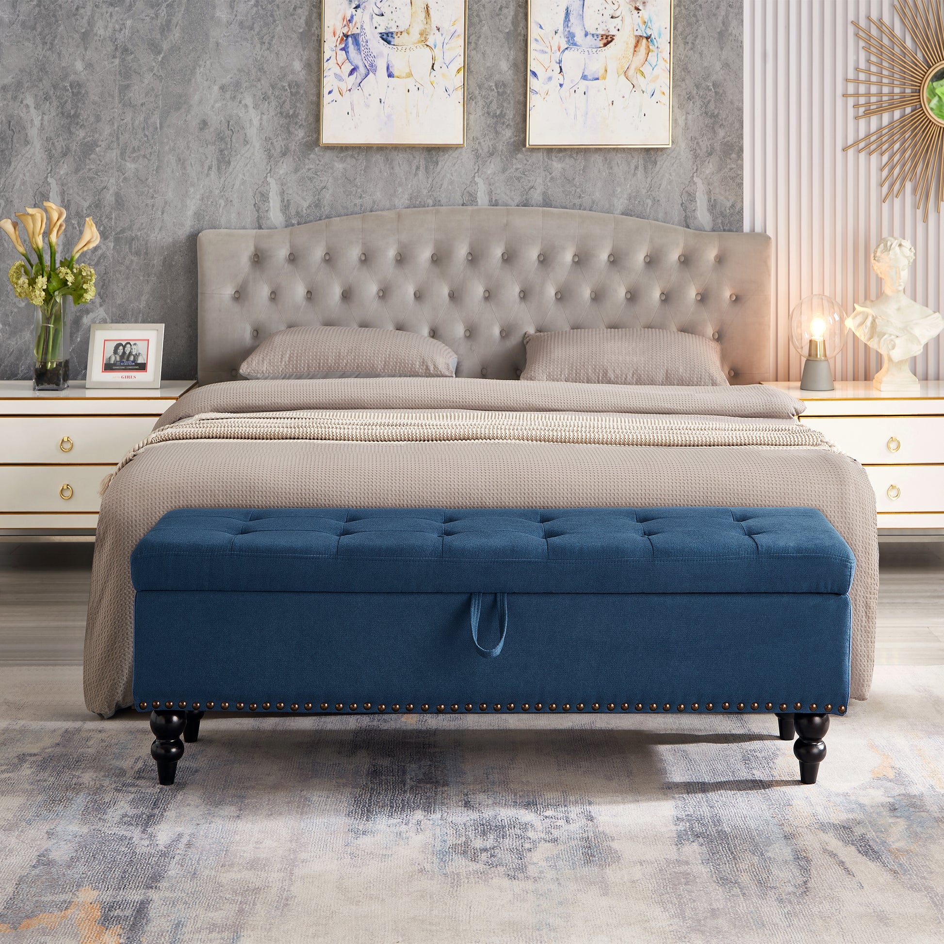59" Bed Bench with Storage Blue Fabric blue-foam-cotton linen