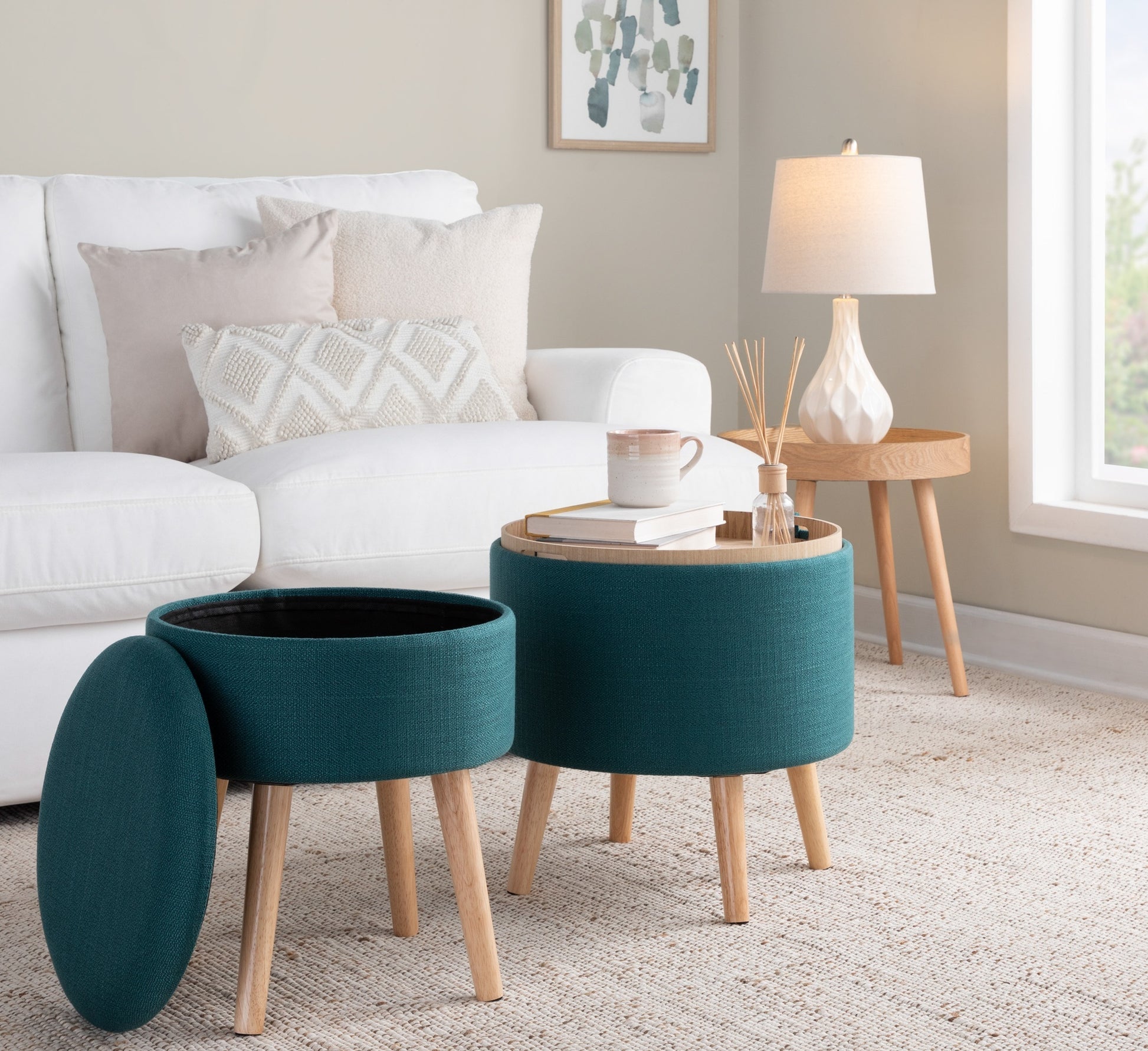 Tray Contemporary Storage Ottoman with Matching Stool teal-foam-fabric