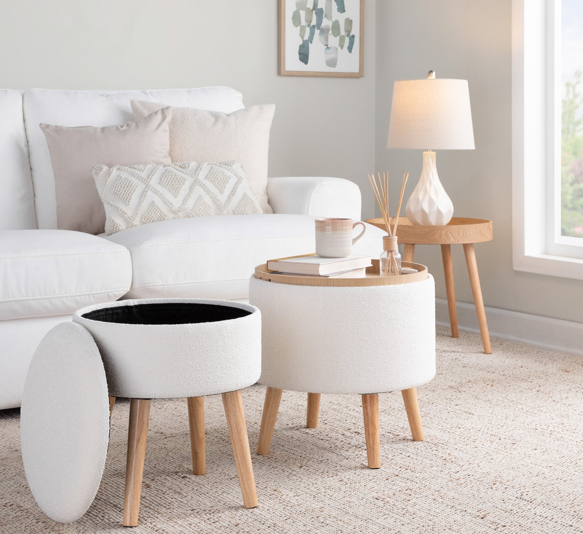 Tray Contemporary Storage Ottoman with Matching Stool cream-foam-fabric