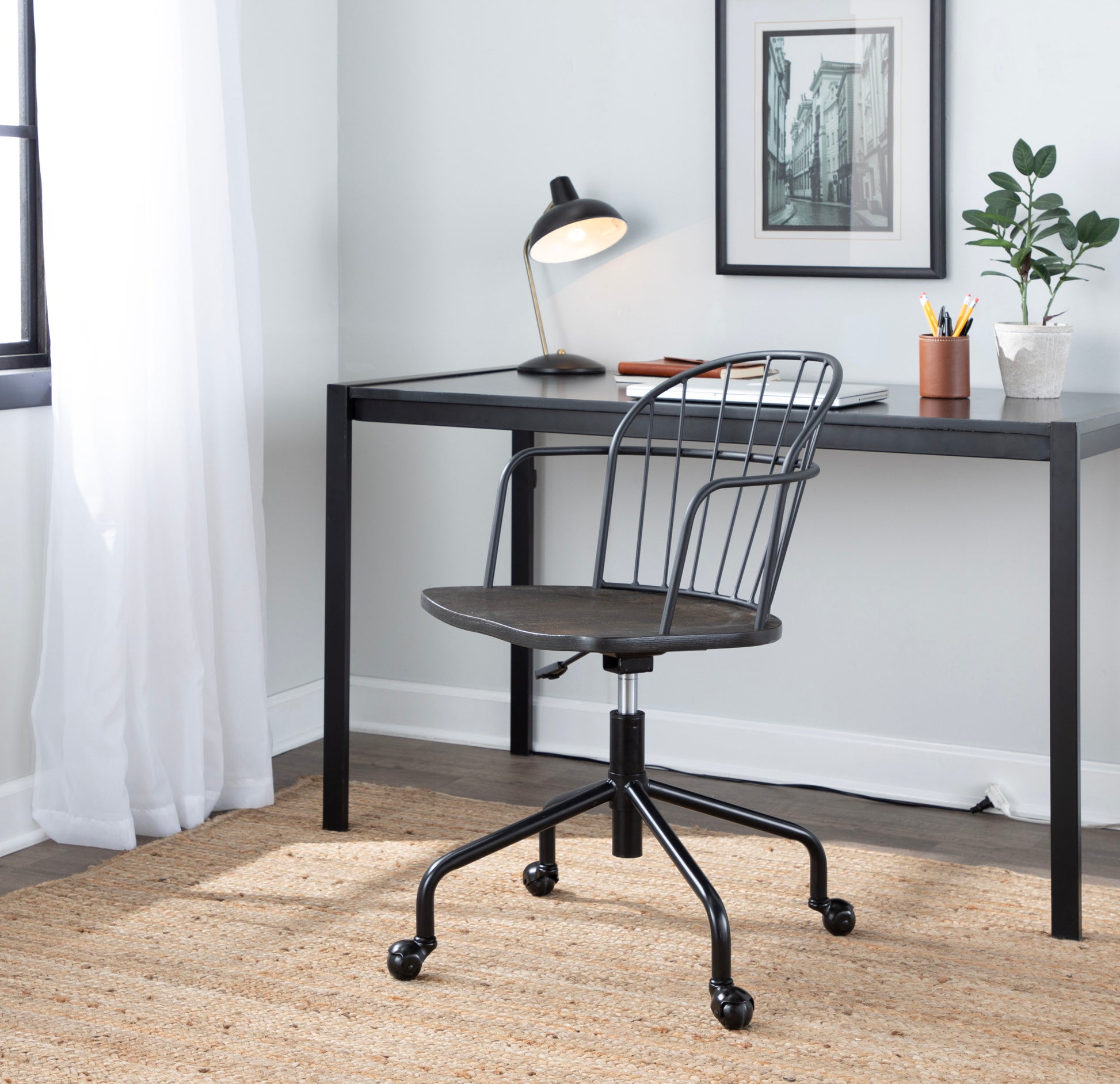 Riley Farmhouse Adjustable Office Chair in Black Metal black-wood