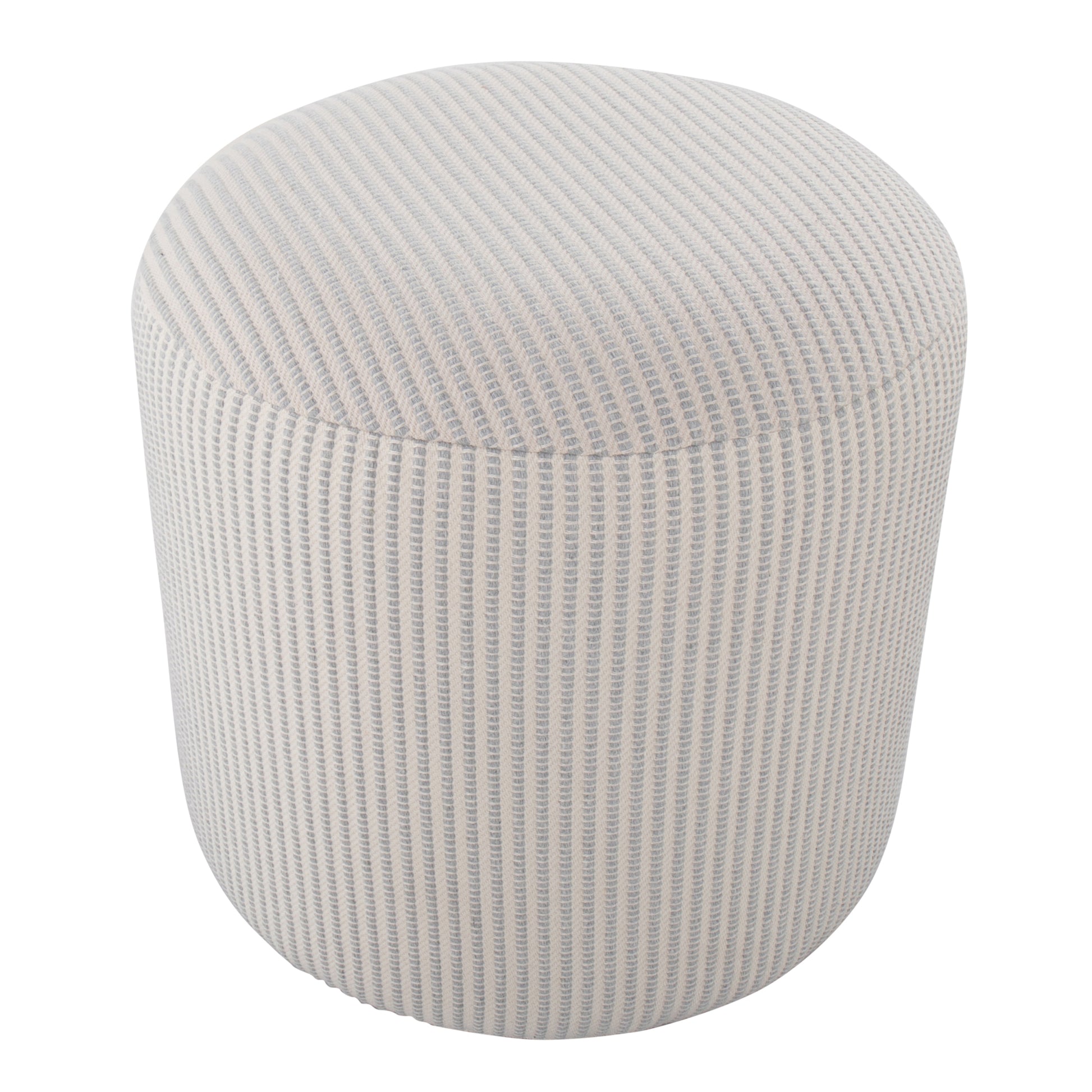 Round Pouf in Knitted Grey and White Fabric by