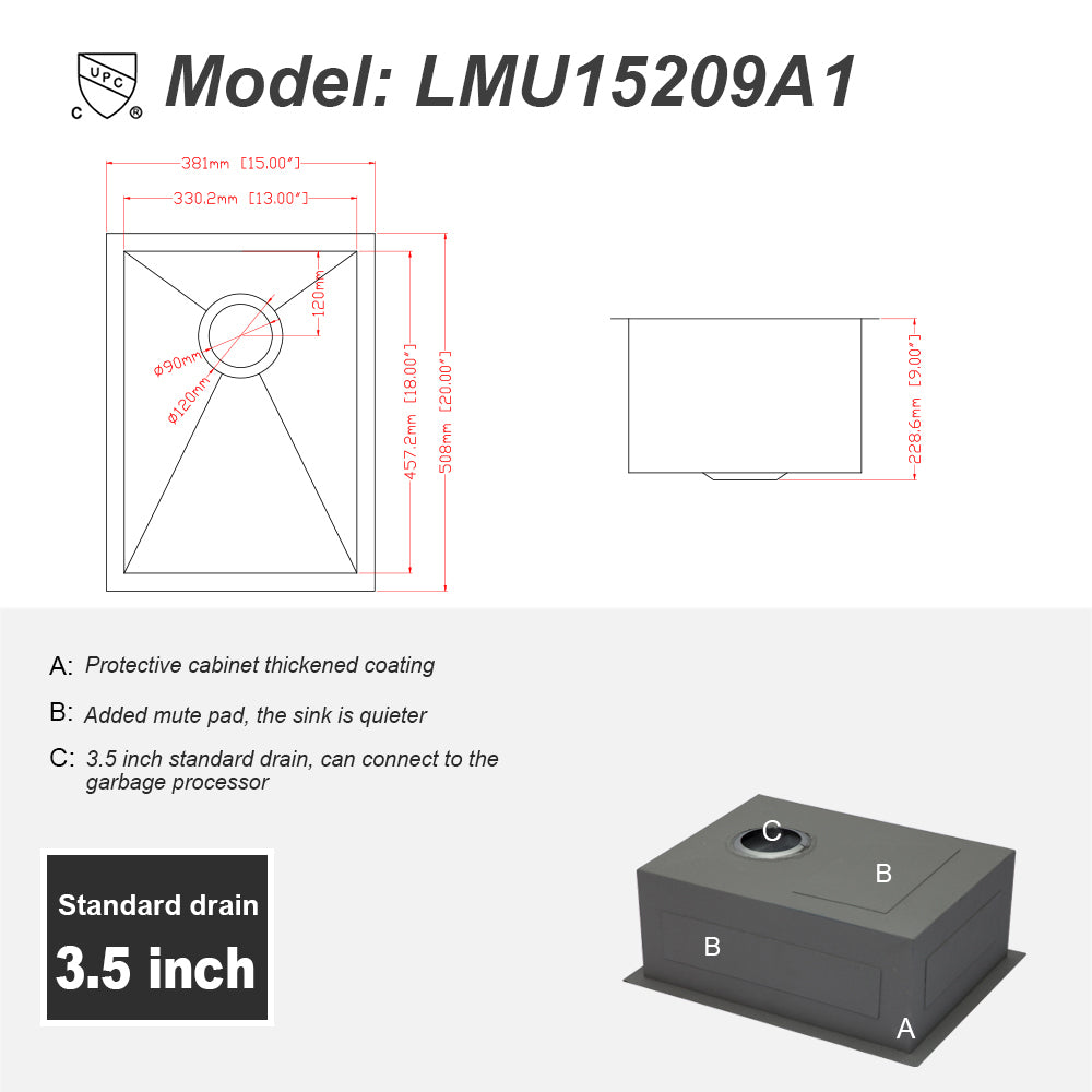 15 Inch Undermount Sink 15"x20"x9" Undermount brushed nickel-stainless steel