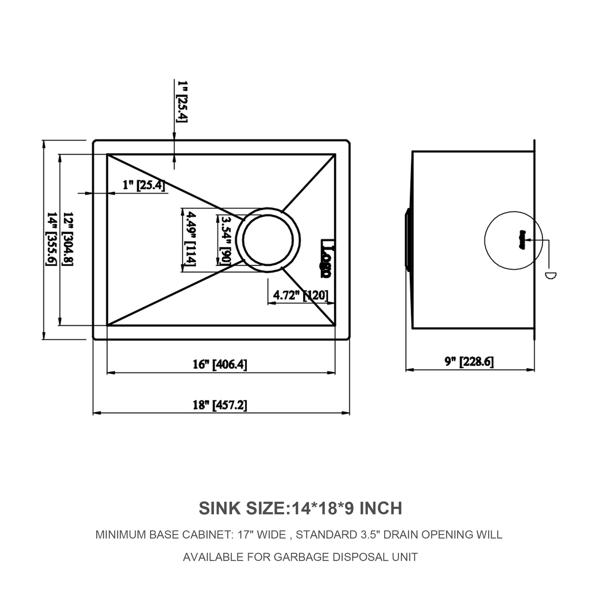 14 Inch Undermount Sink 14"x18"x9" Undermount brushed nickel-stainless steel