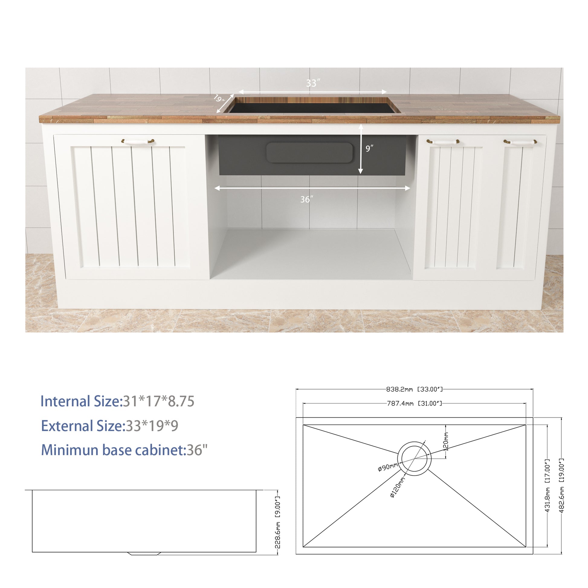 33 Inch Undermount Sink 33"x19"x9" Undermount brushed nickel-stainless steel