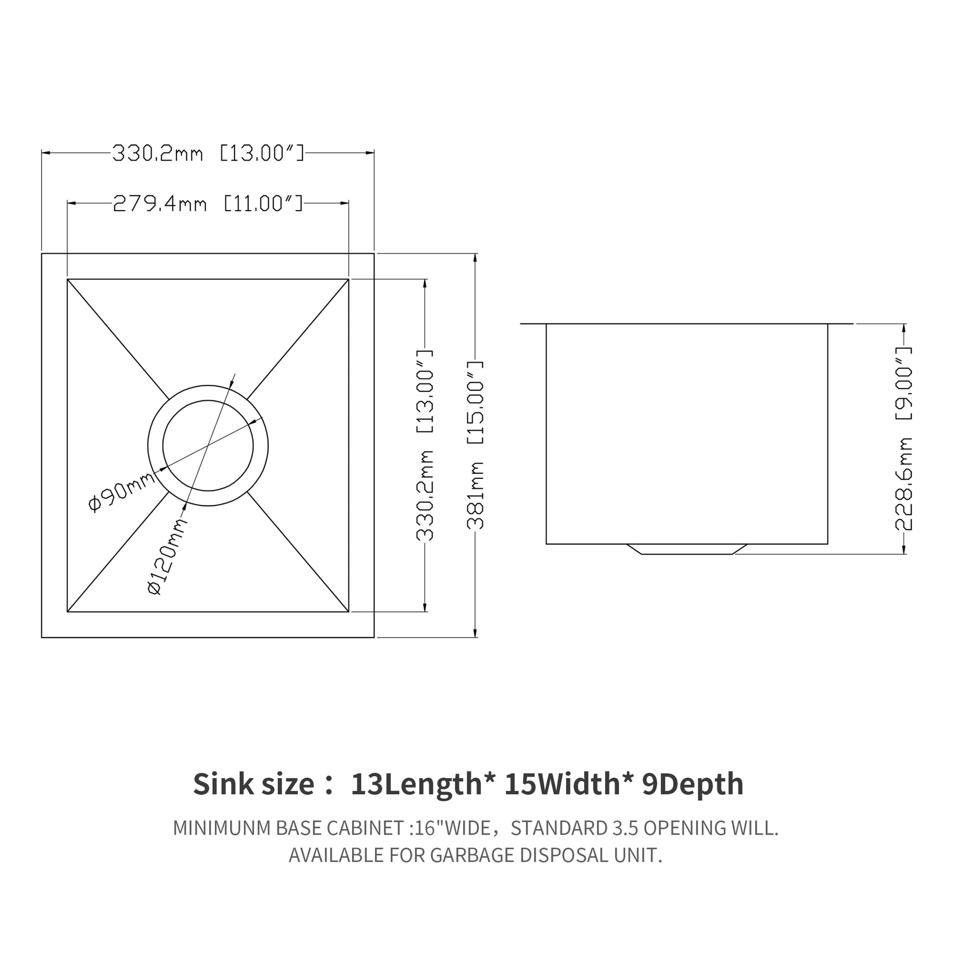 13 Inch Undermount Sink 13"x15"x9" Undermount brushed nickel-stainless steel