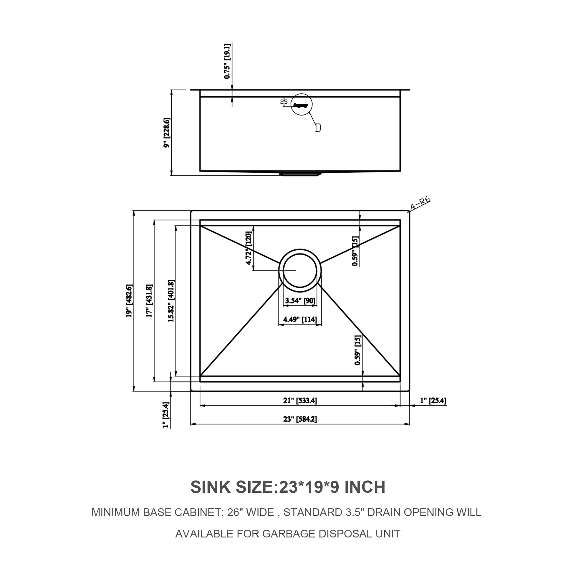 23" Undermount Kitchen Sink 23*19*9 inch Kitchen Sink brushed nickel-stainless steel