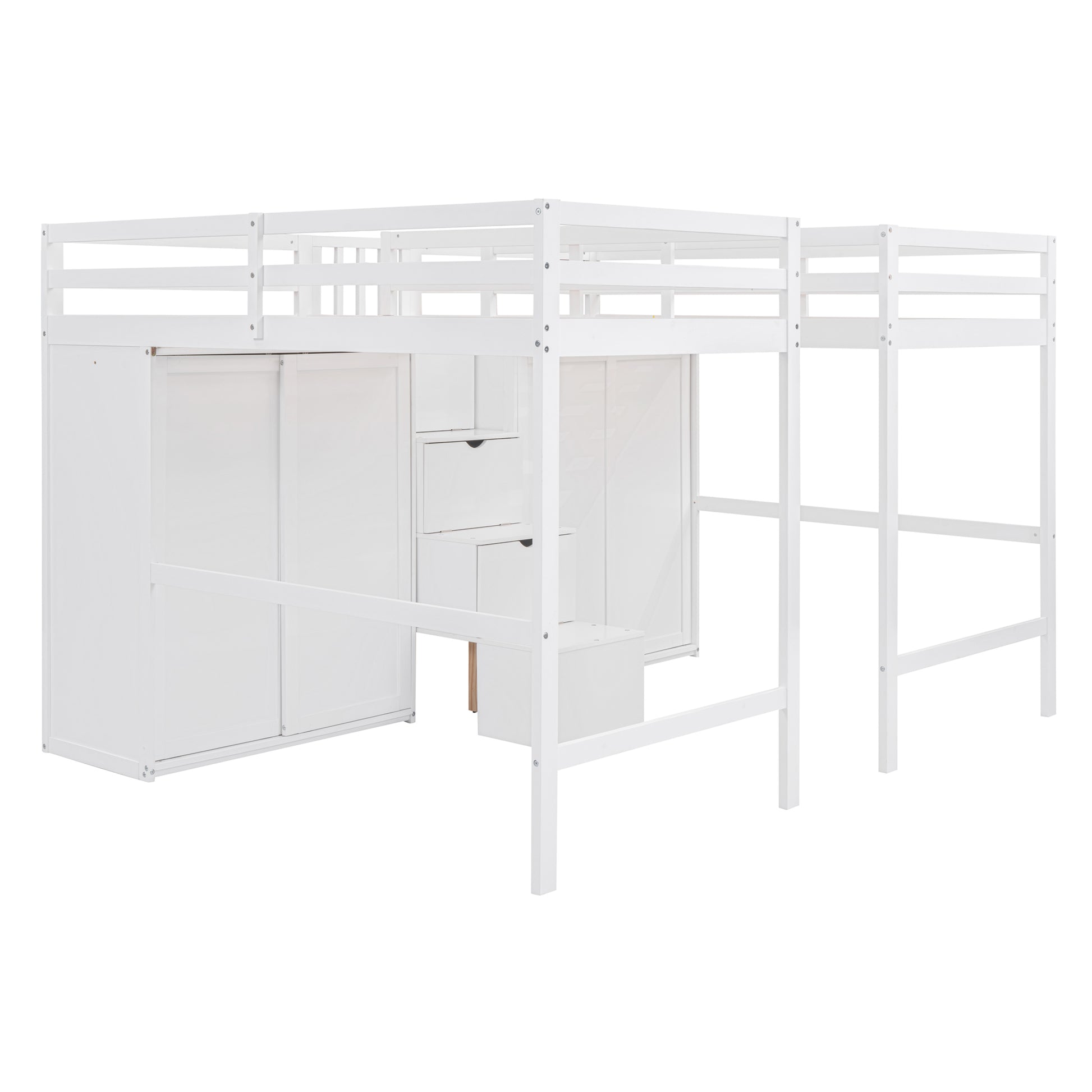 Double Twin Loft Beds with Wardrobes and Staircase white-solid wood+mdf