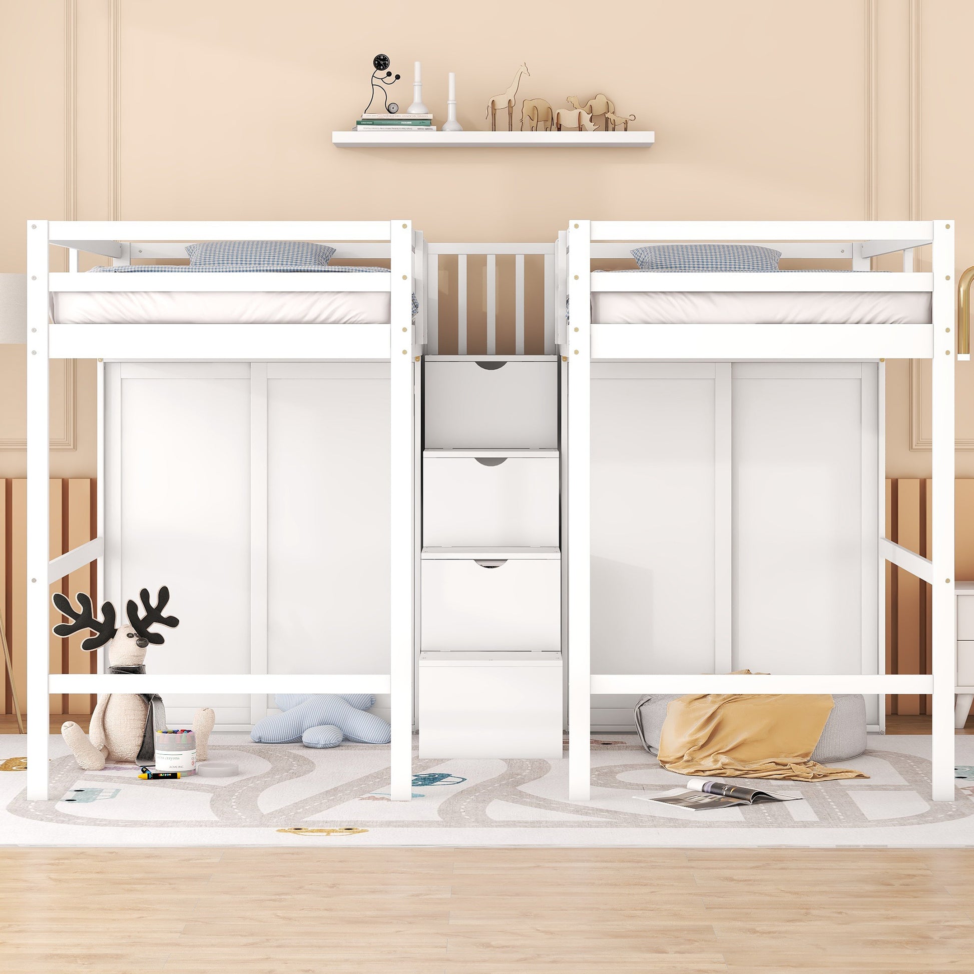 Double Twin Loft Beds with Wardrobes and Staircase white-solid wood+mdf