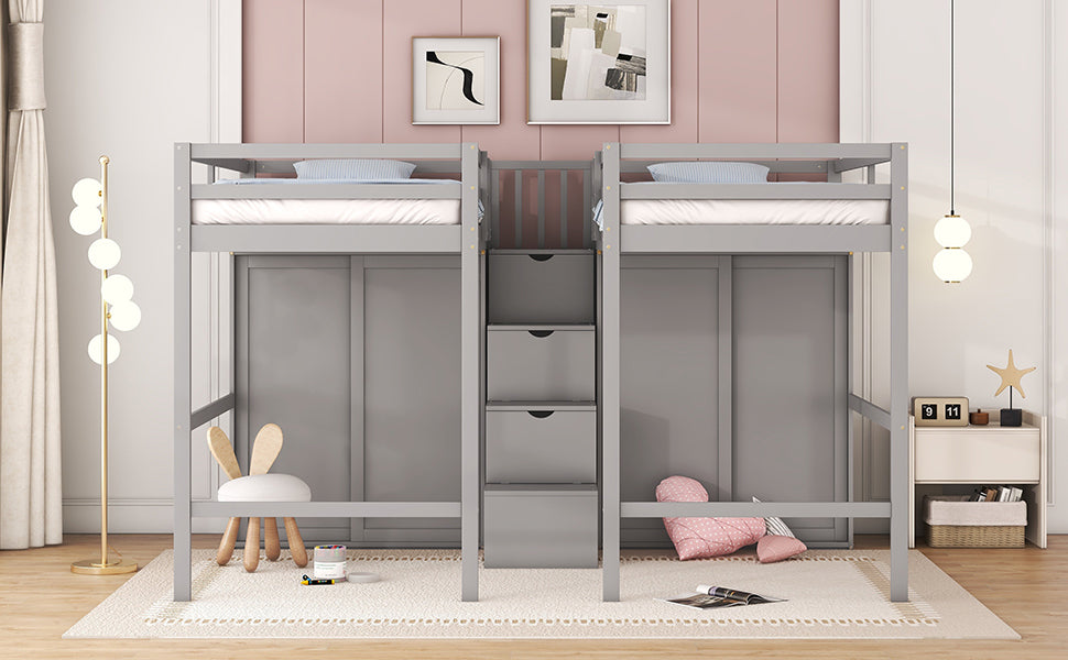 Double Twin Loft Beds with Wardrobes and Staircase gray-solid wood+mdf