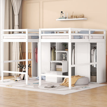 Double Twin Loft Beds with Wardrobes and Staircase white-solid wood+mdf