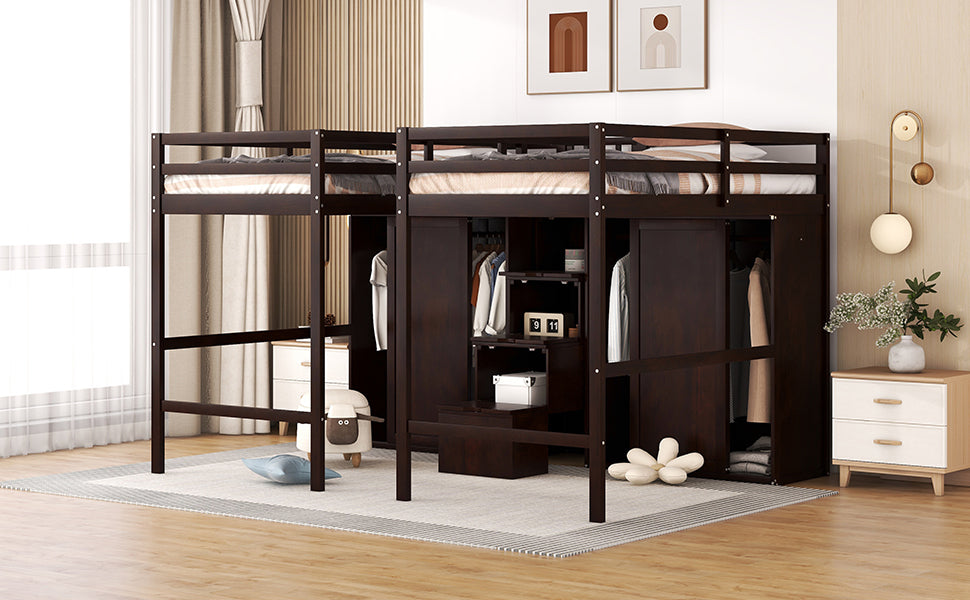 Double Twin Loft Beds with Wardrobes and Staircase espresso-solid wood+mdf