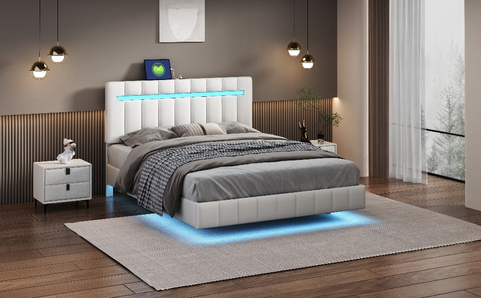 Queen Size Floating Bed Frame With Led Lights And