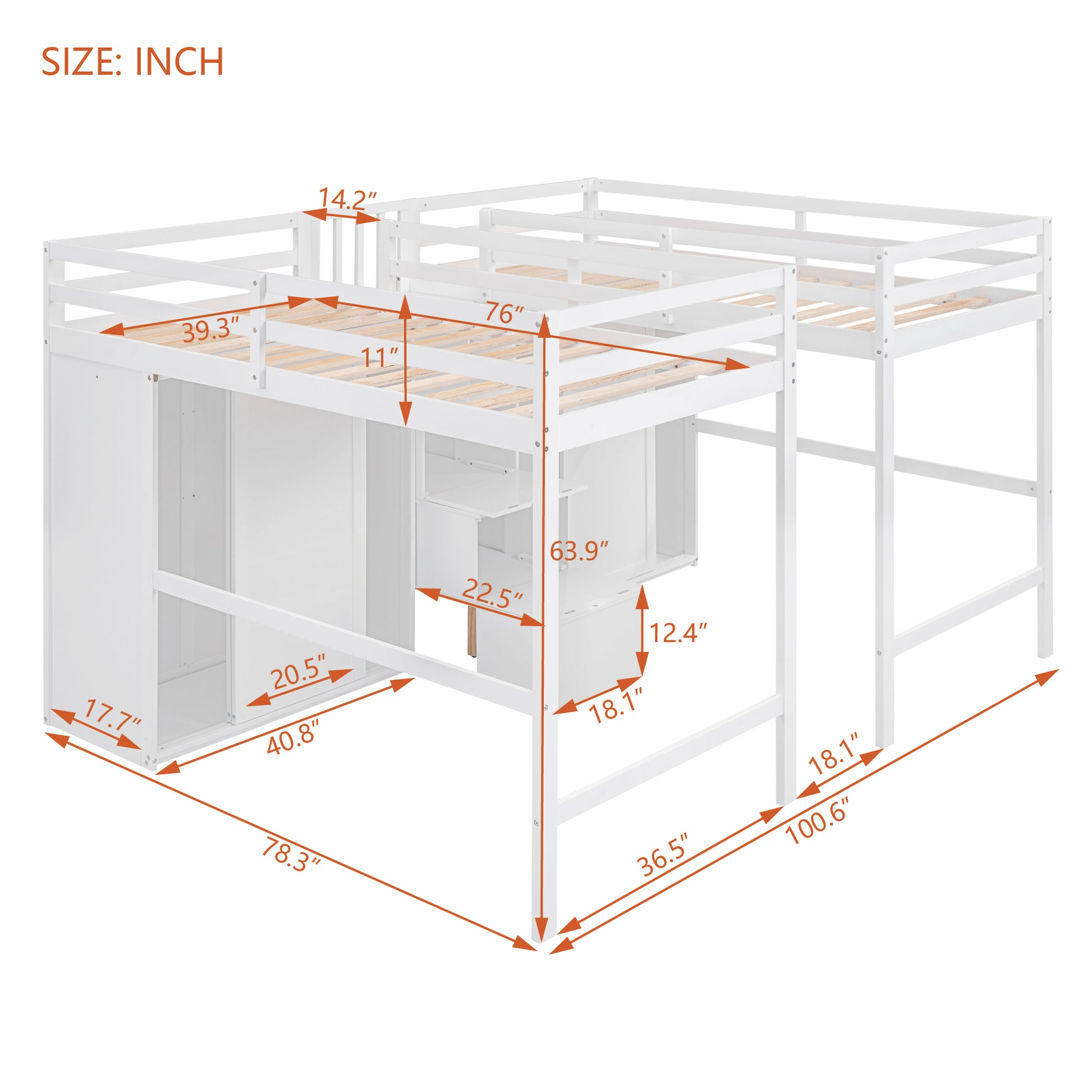 Double Twin Loft Beds with Wardrobes and Staircase white-solid wood+mdf