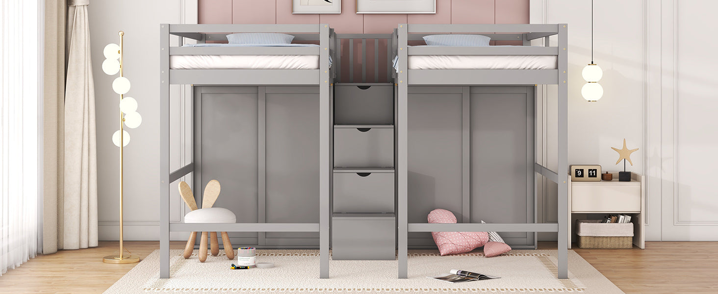 Double Twin Loft Beds with Wardrobes and Staircase gray-solid wood+mdf