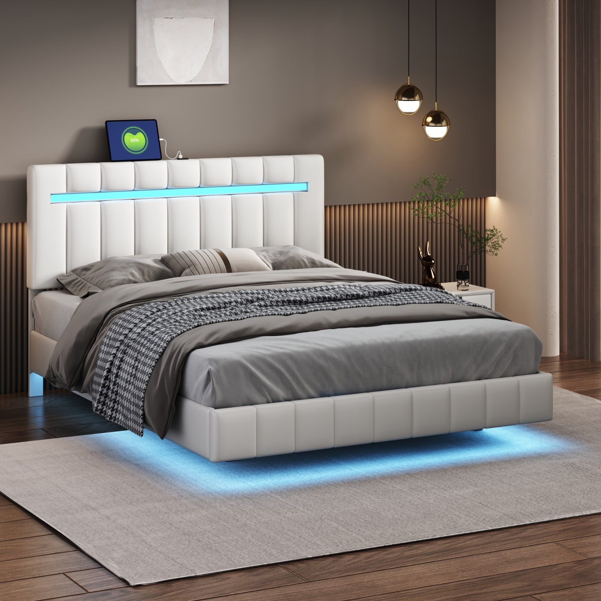 Queen Size Floating Bed Frame With Led Lights And