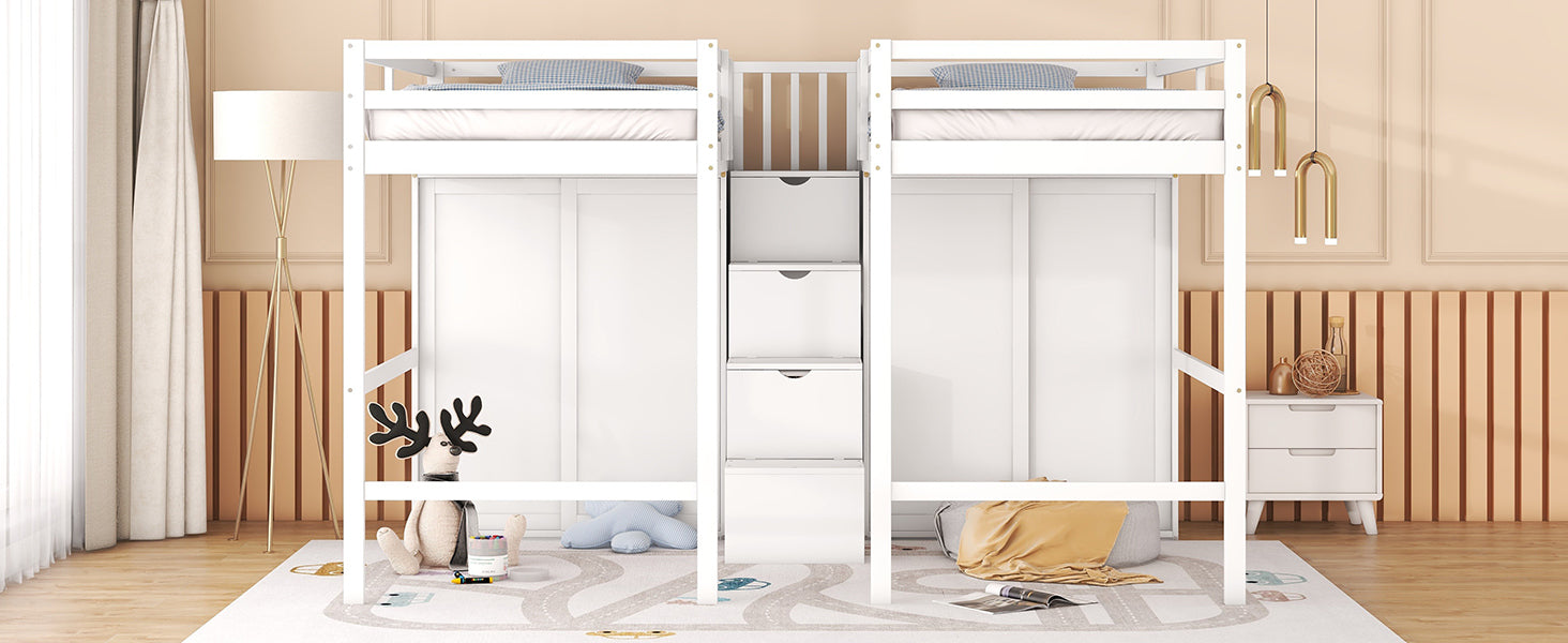 Double Twin Loft Beds with Wardrobes and Staircase white-solid wood+mdf