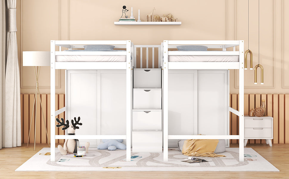 Double Twin Loft Beds with Wardrobes and Staircase white-solid wood+mdf