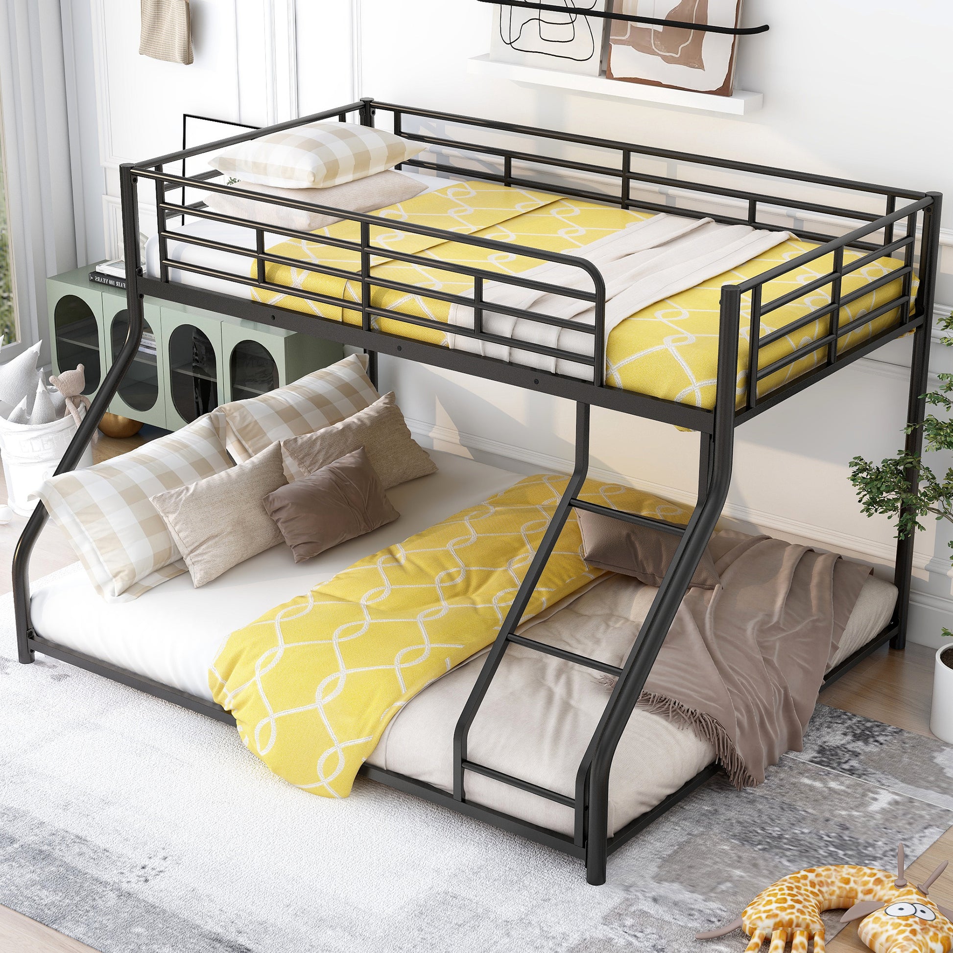 Metal Floor Bunk Bed, Twin XL over Queen, Black black-metal