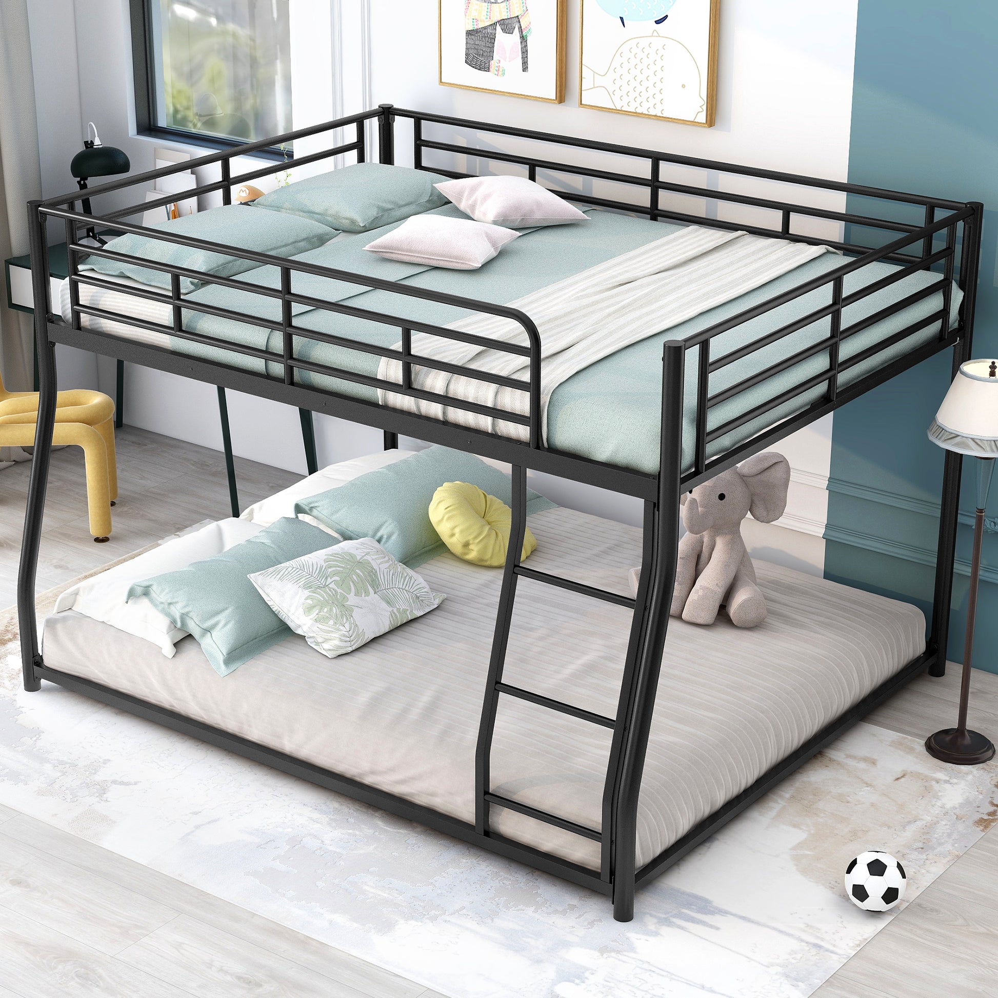 Metal Floor Bunk Bed, Full XL over Queen, Black black-metal