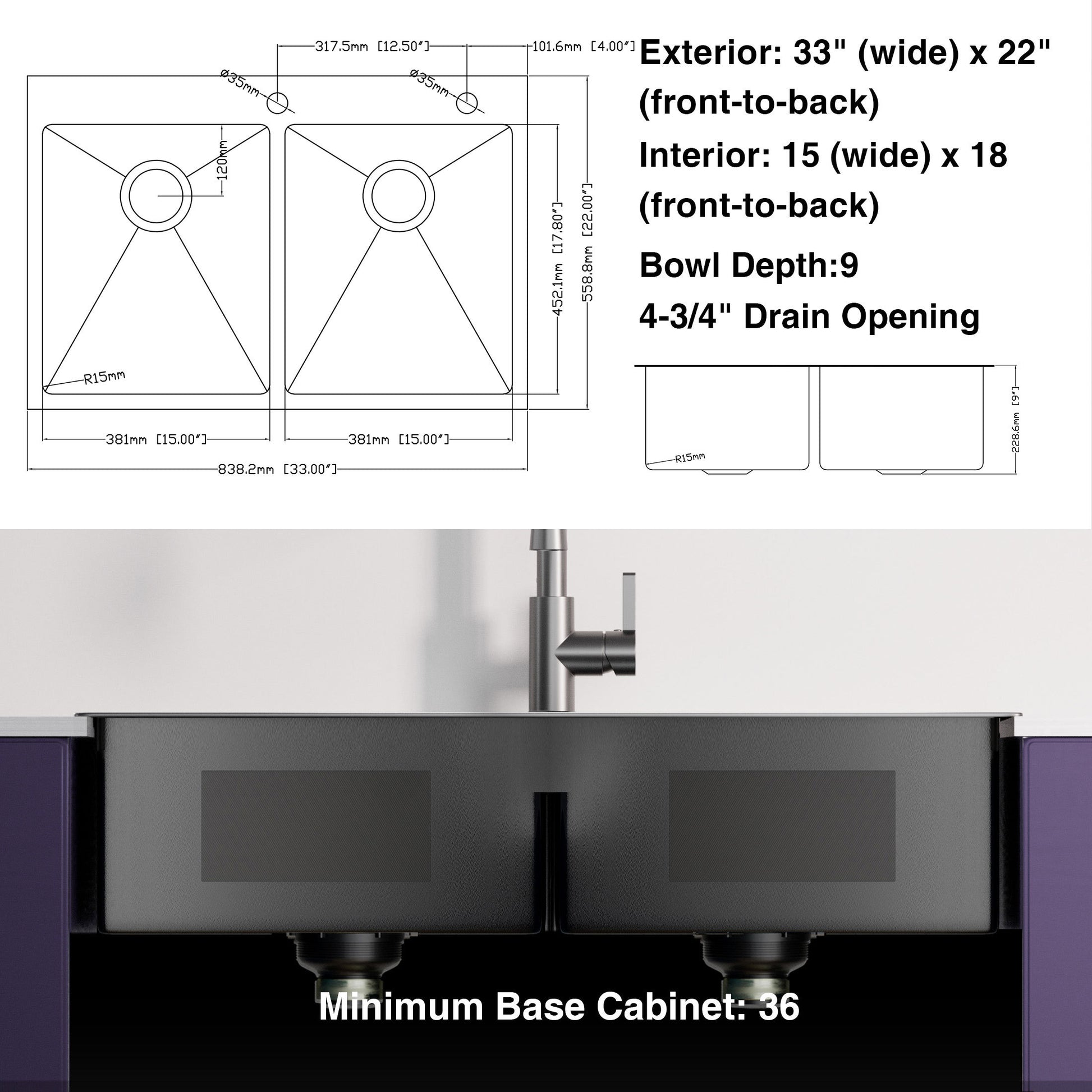 33x22Inch Double Bowl Topmount Gunmetal Black