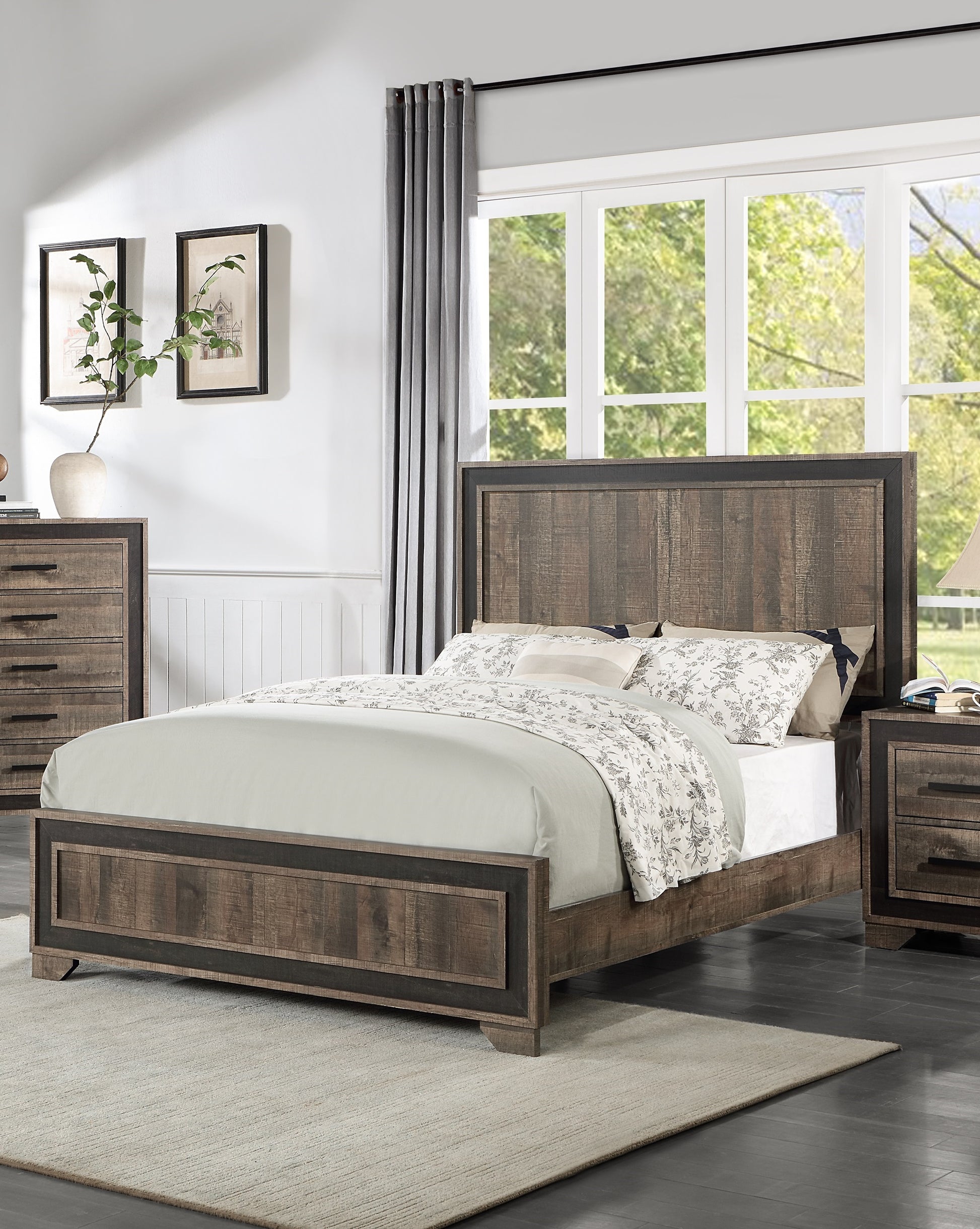 Oak Finish 1pc Queen Size Bed High Headboard MDF box spring