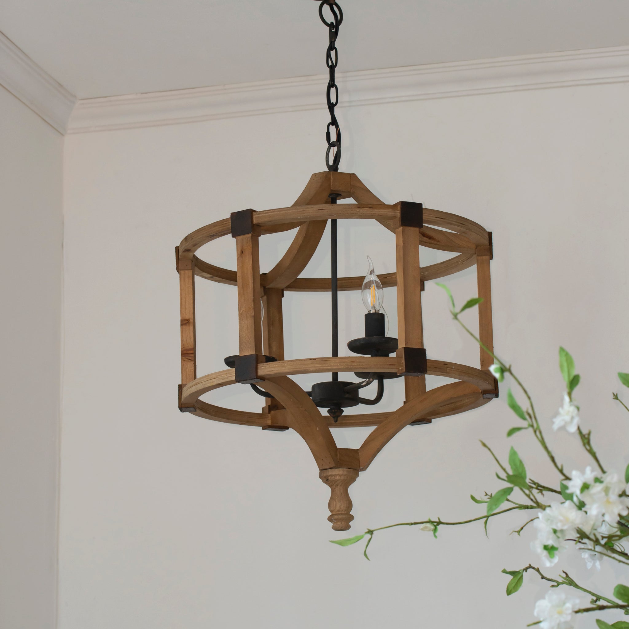 3 Light Wood Drum Chandelier, Hanging Light