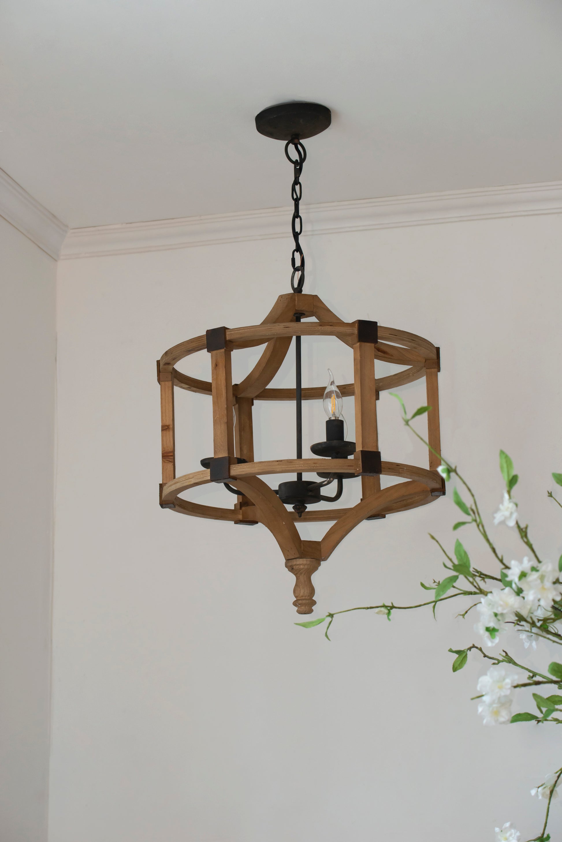 3 Light Wood Drum Chandelier, Hanging Light