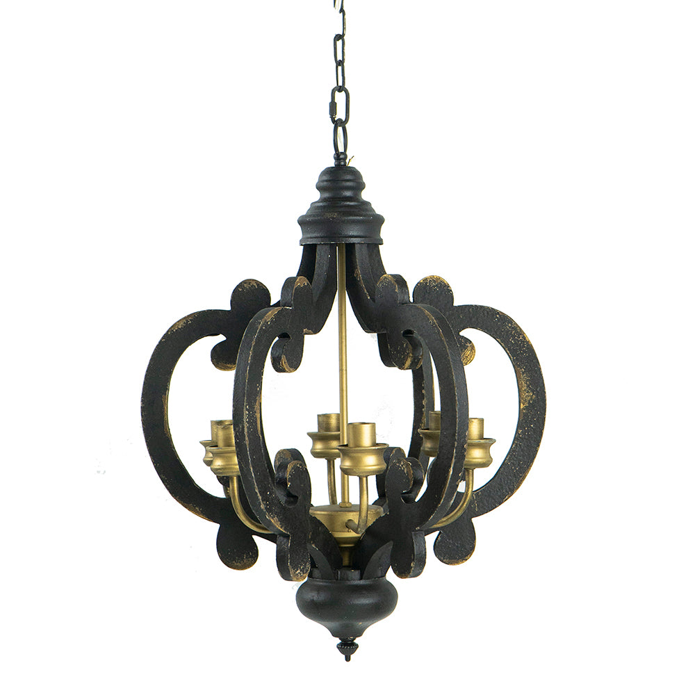 French Country Wood Chandelier, 6 Light Farmhouse black-mdf+metal