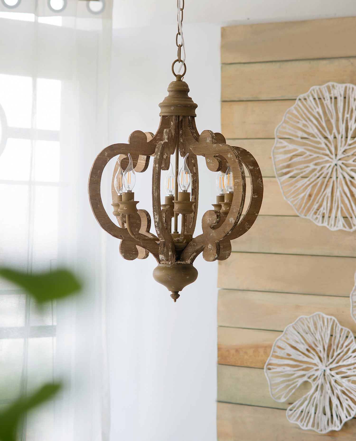 Farmhouse Chandelier, 6 Light Wood Chandelier Pendant beige brown-wood