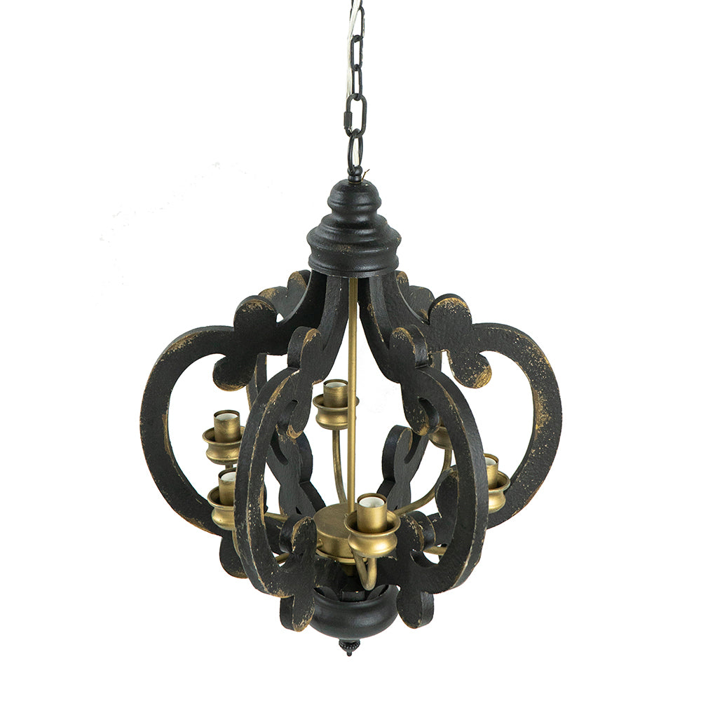 French Country Wood Chandelier, 6 Light Farmhouse black-mdf+metal