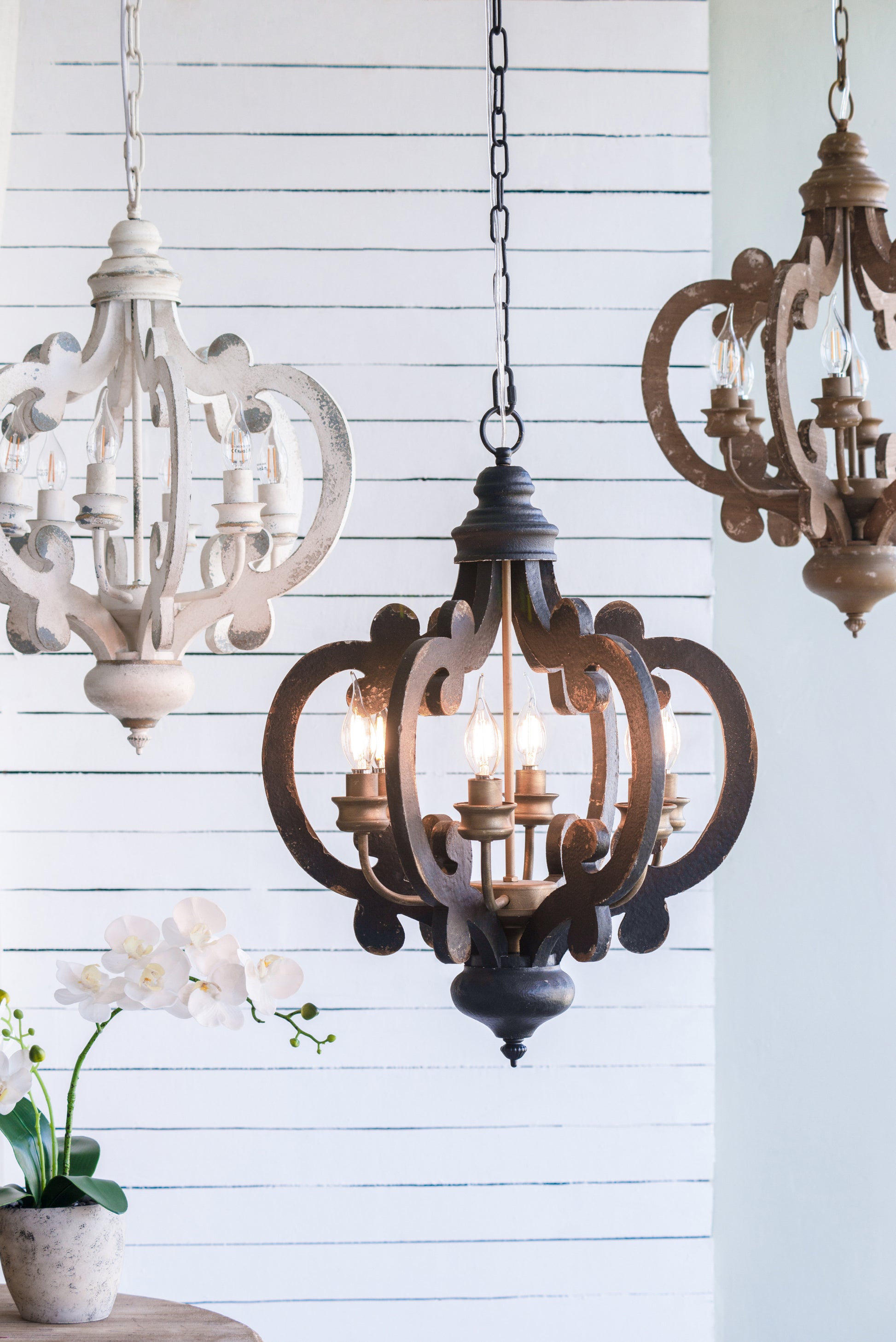 French Country Wood Chandelier, 6 Light Farmhouse black-mdf+metal