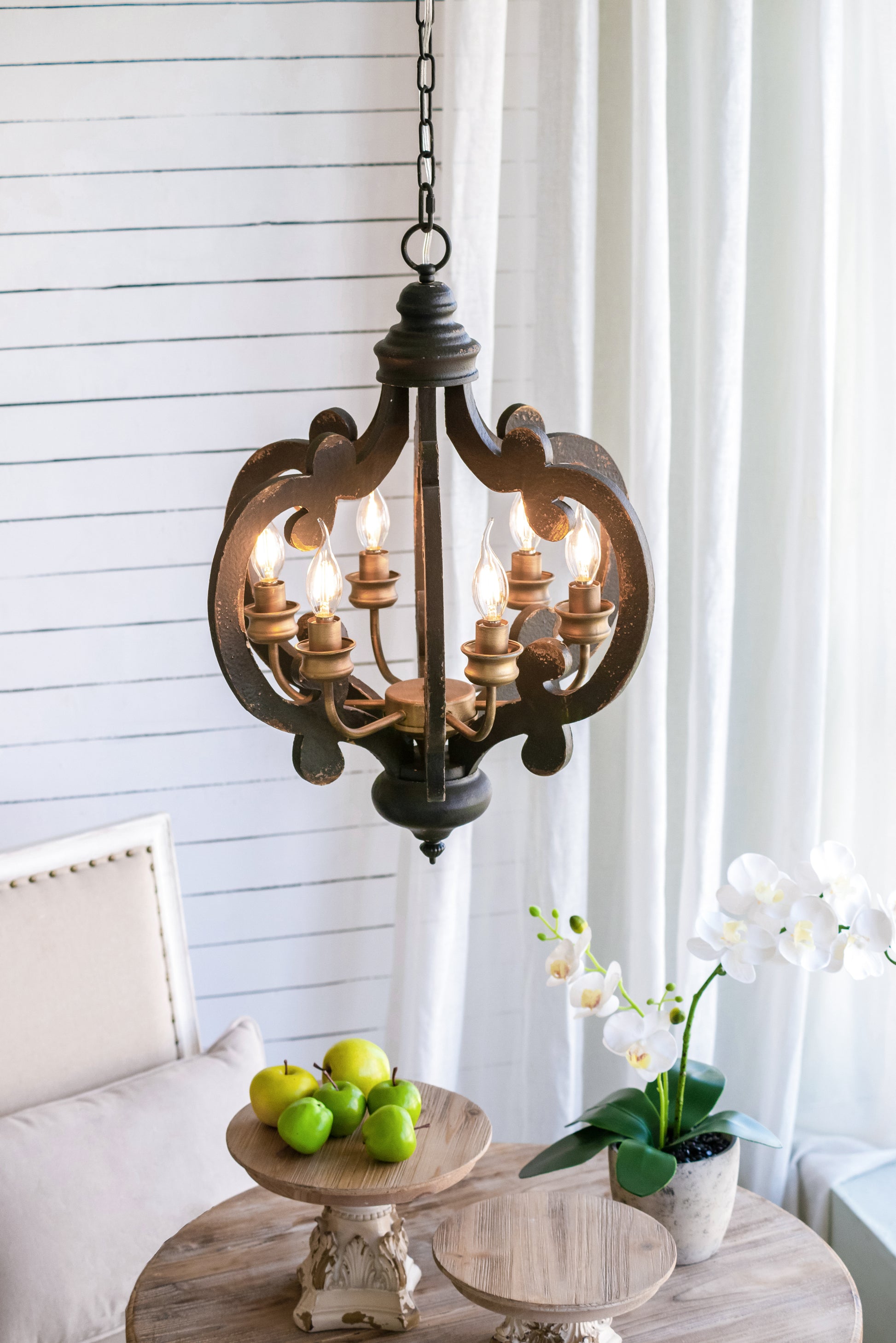 Farmhouse Chandelier, 6 Light Wood Chandelier Pendant beige brown-wood