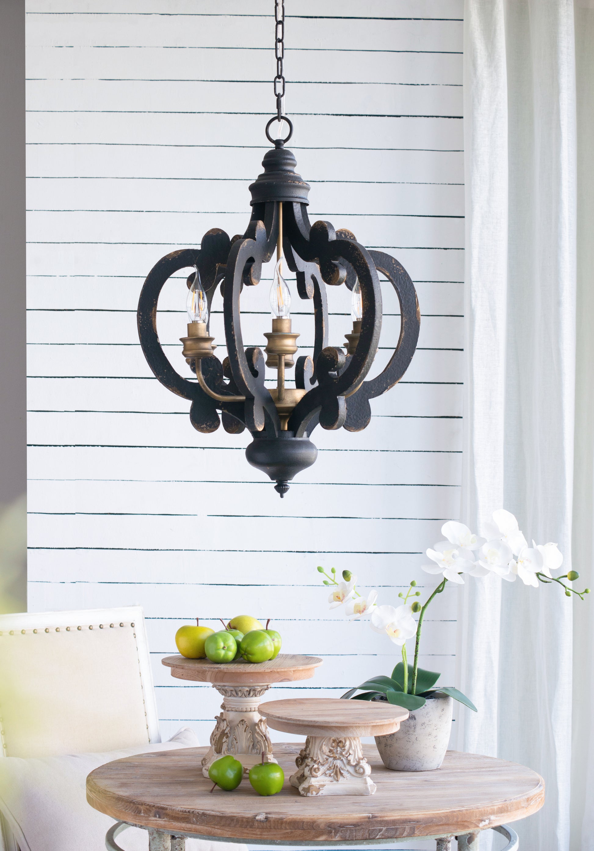 French Country Wood Chandelier, 6 Light Farmhouse black-mdf+metal